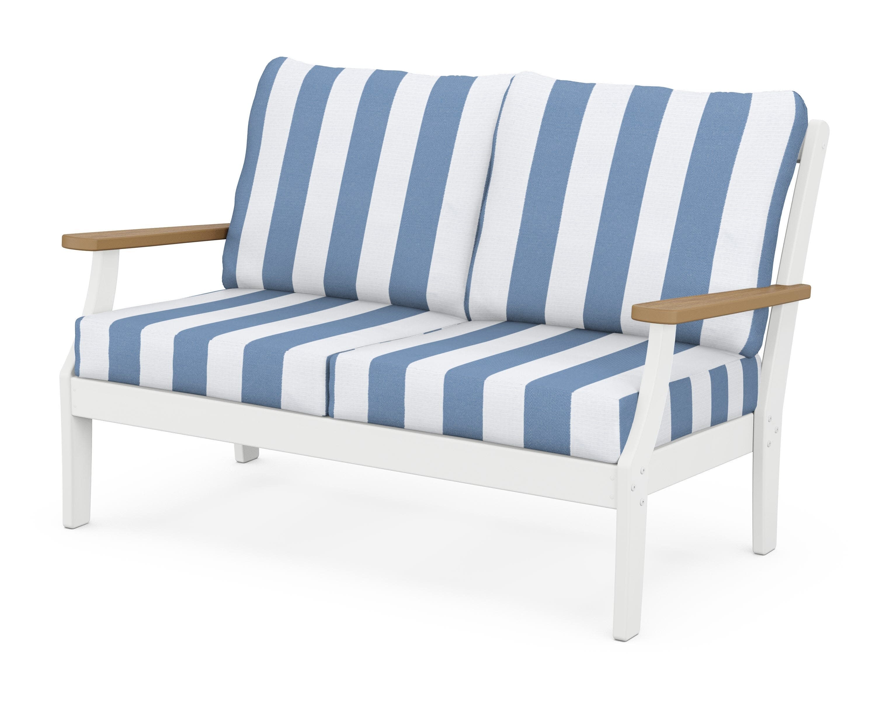 Braxton Deep Seating Loveseat in White / Natural / Cabana Stripe Sky Blue