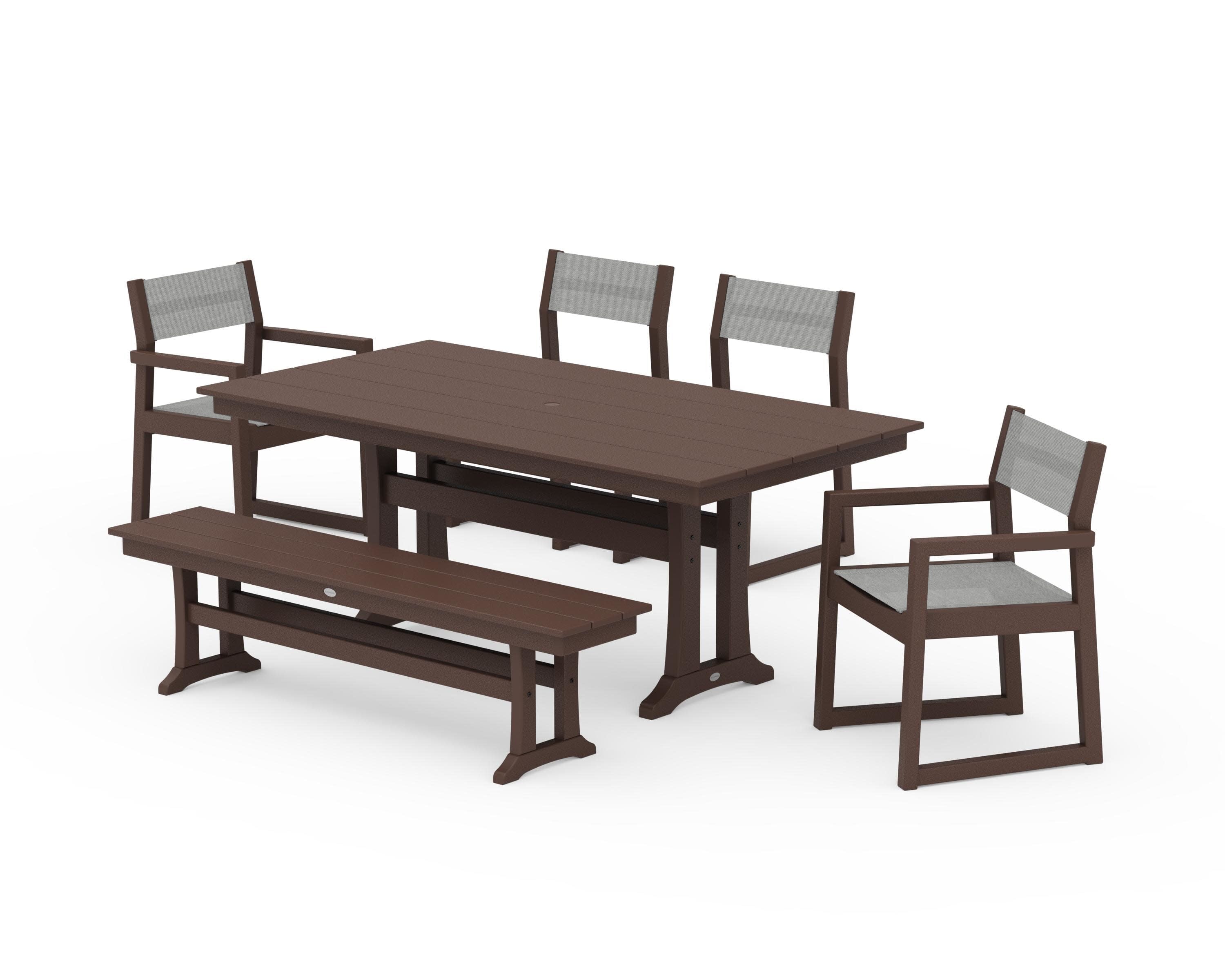 EDGE Sling 6-Piece Farmhouse Dining Set With Trestle Legs in Mahogany / Metallic Sling