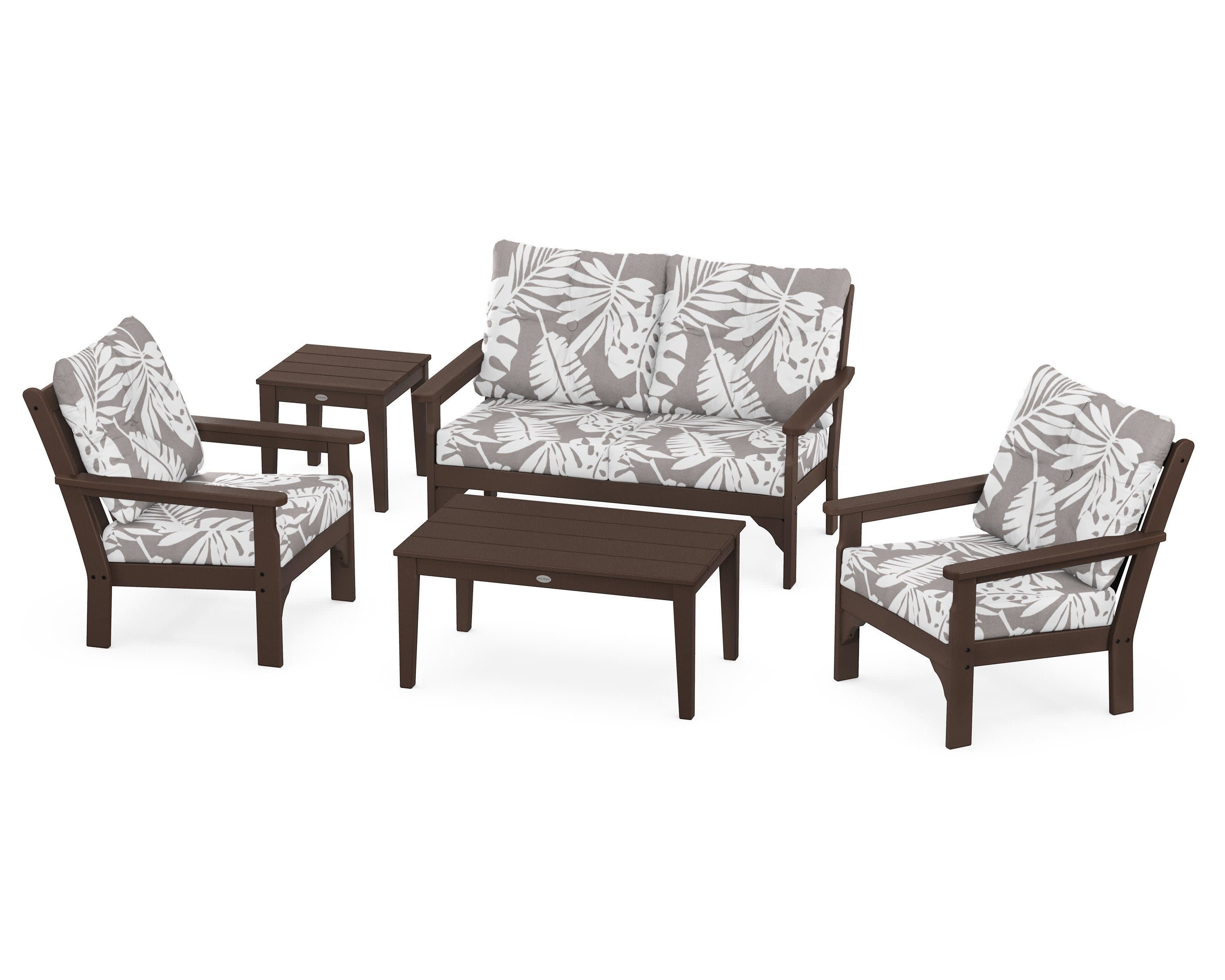 Vineyard 5-Piece Deep Seating Set in Mahogany / Leaf Grey Mist