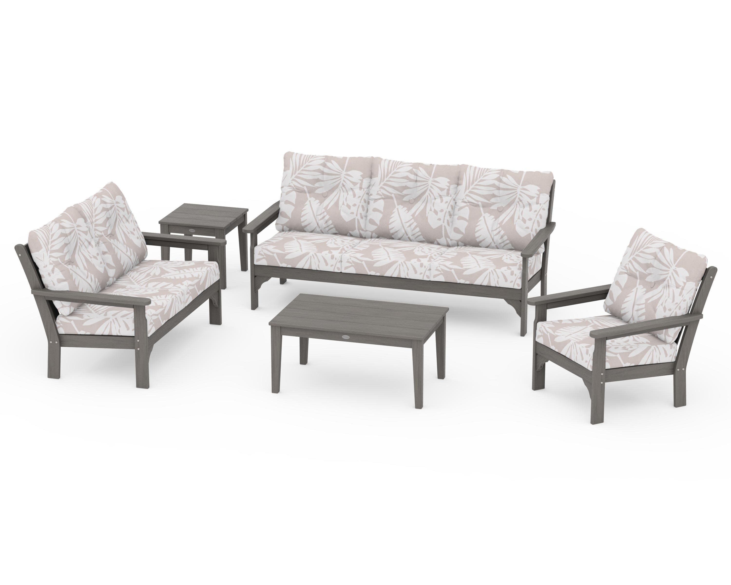 Vineyard 5 Piece Deep Seating Set in Driftwood / Leaf Dune Burlap