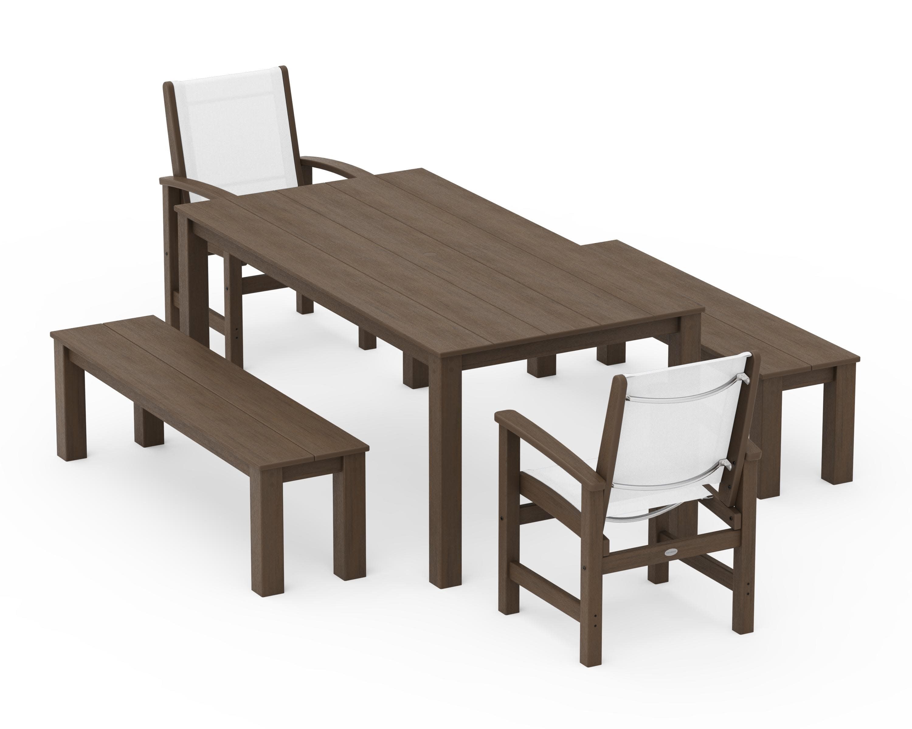 Coastal 5-Piece Parsons Dining Set with Benches in Kona / White Sling