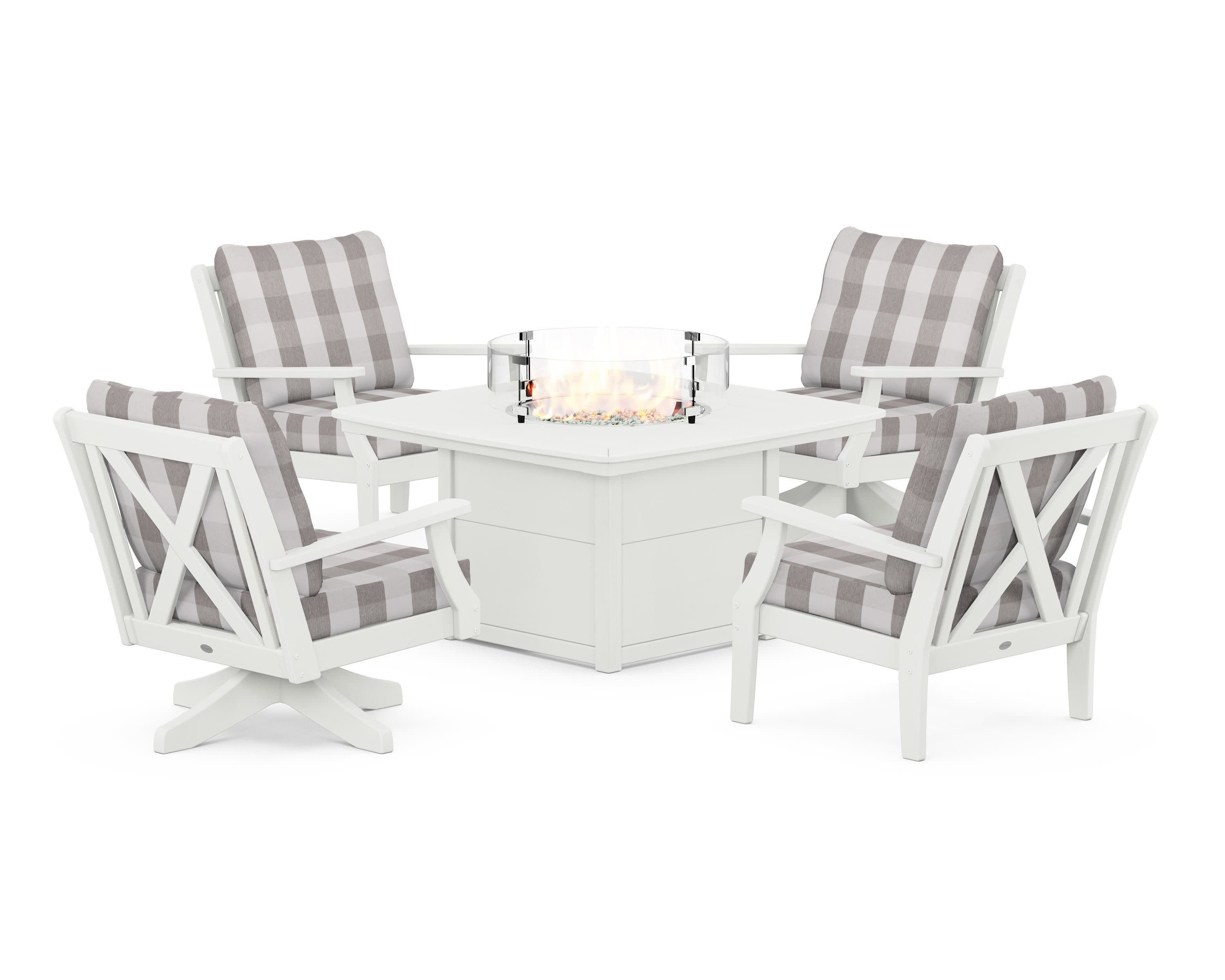 Braxton 5-Piece Deep Seating Set with Fire Table in Vintage White / Buffalo Plaid Grey Mist