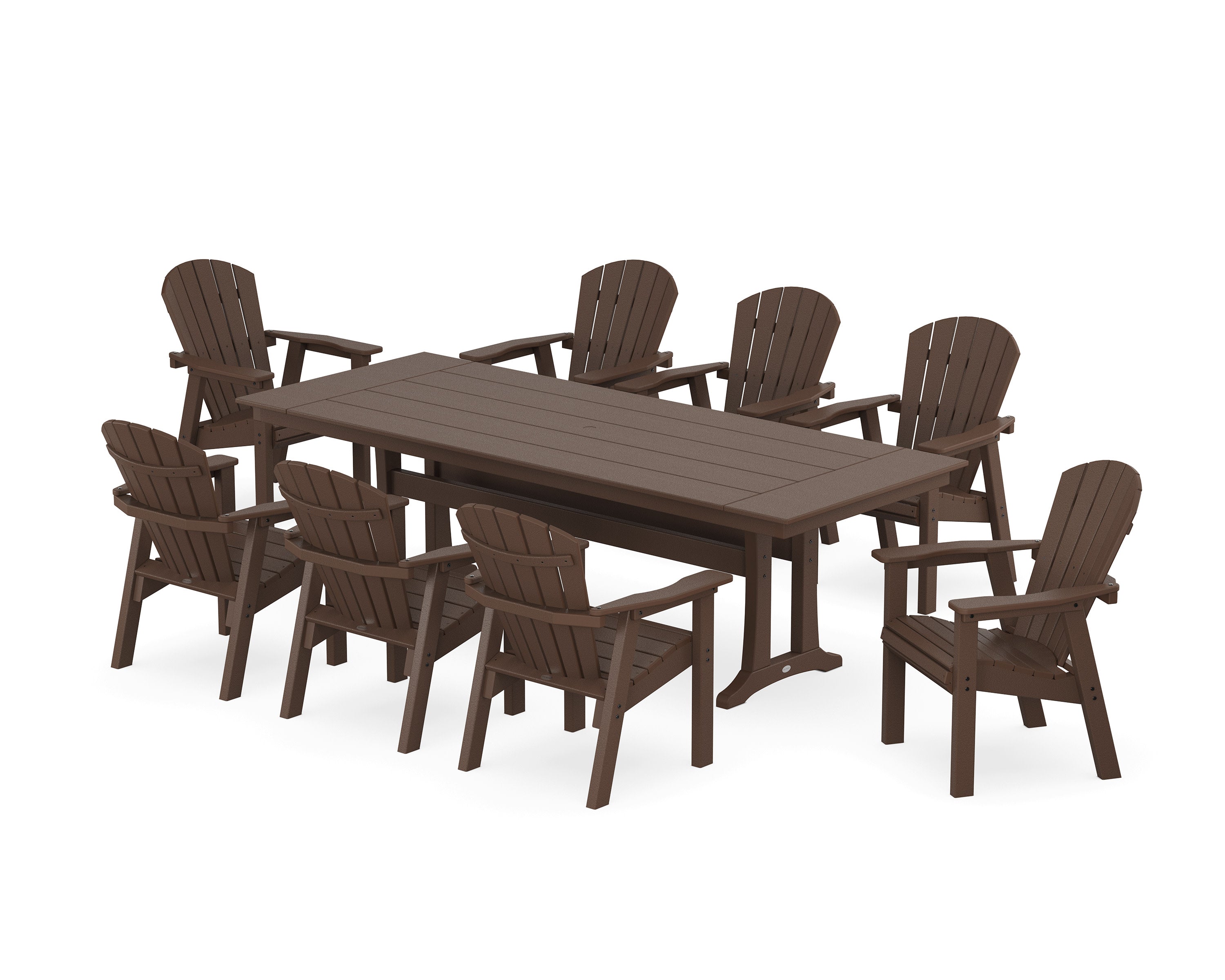 Seashell 9-Piece Farmhouse Dining Set with Trestle Legs in Mahogany