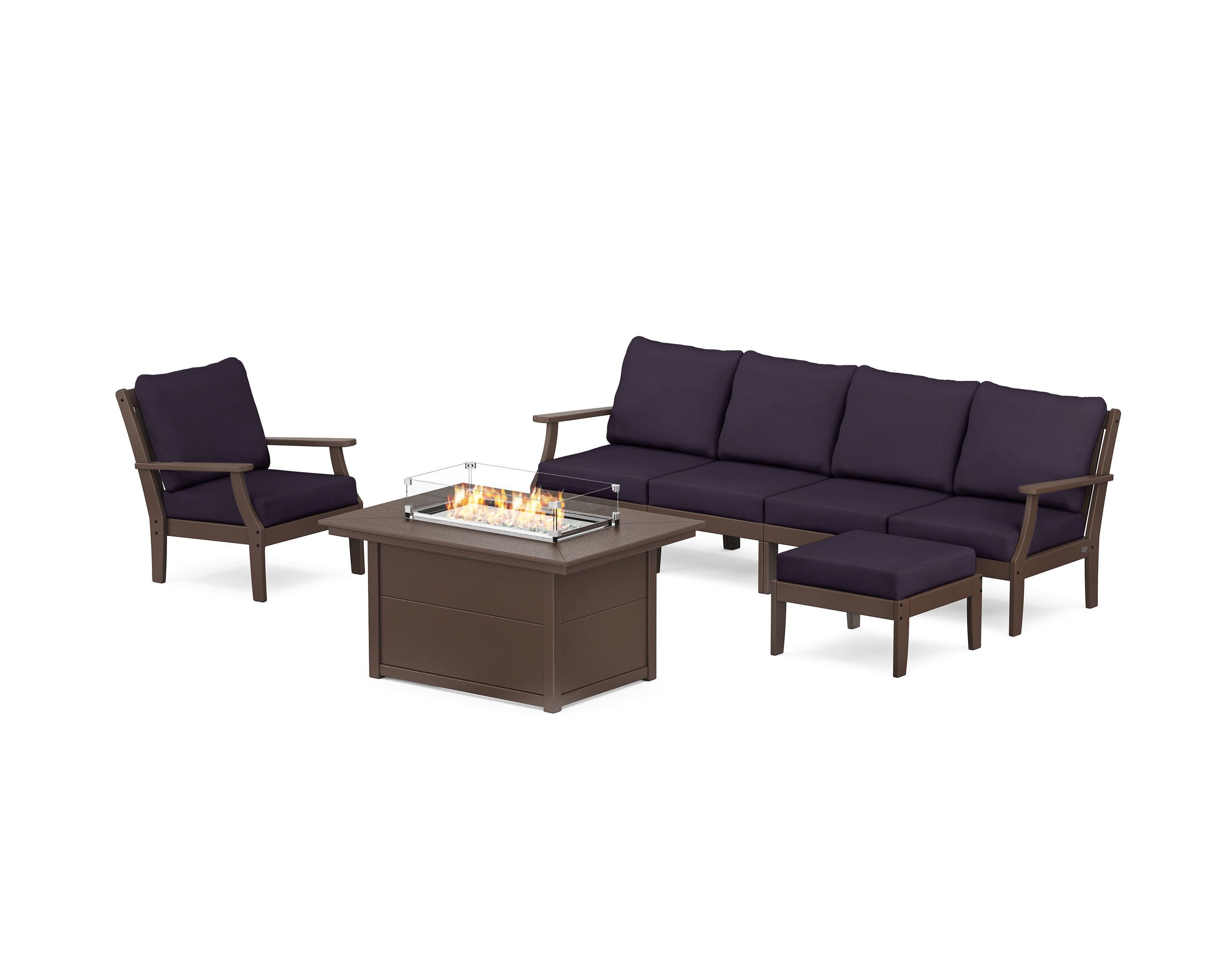 Braxton Sectional Lounge and Fire Pit Set in Mahogany / Navy Linen