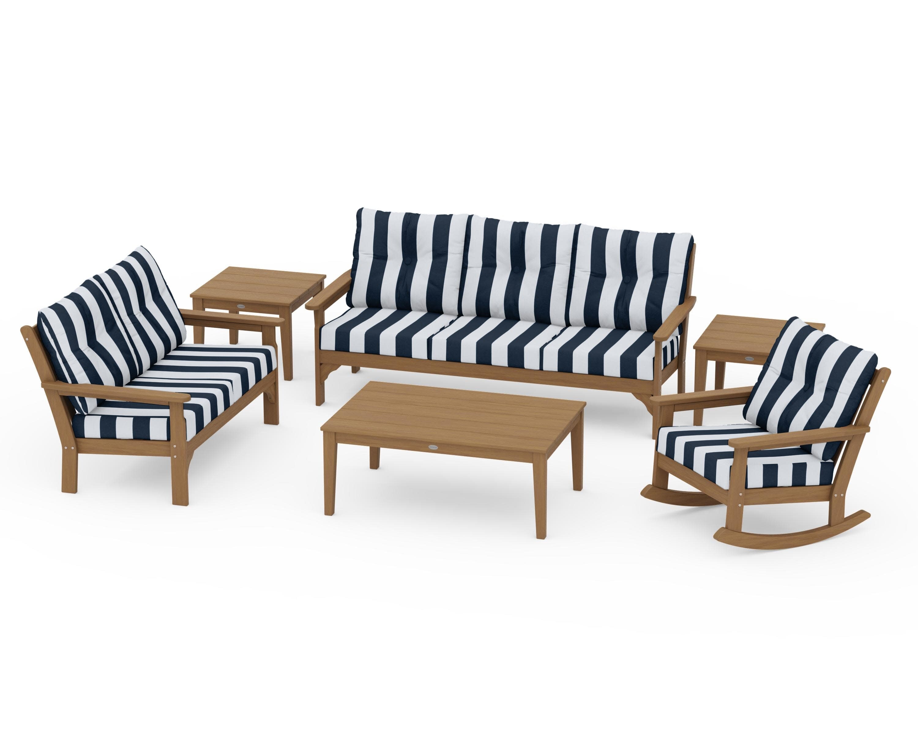 Vineyard 6-Piece Deep Seating Set in Natural / Cabana Stripe Marine Indigo