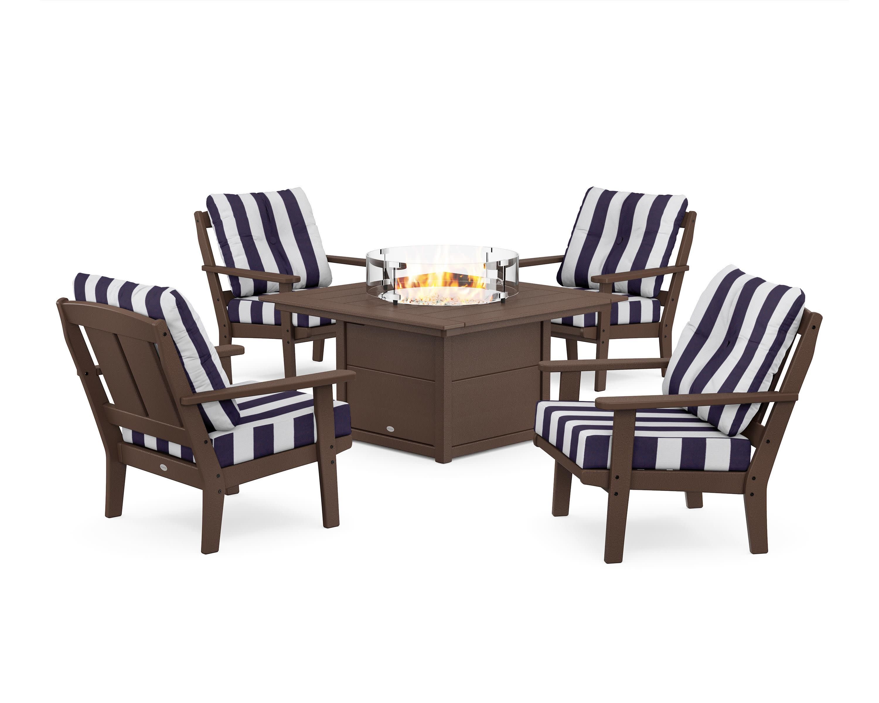 Mission 5-Piece Deep Seating Set with Fire Pit Table in Mahogany / Cabana Stripe Navy