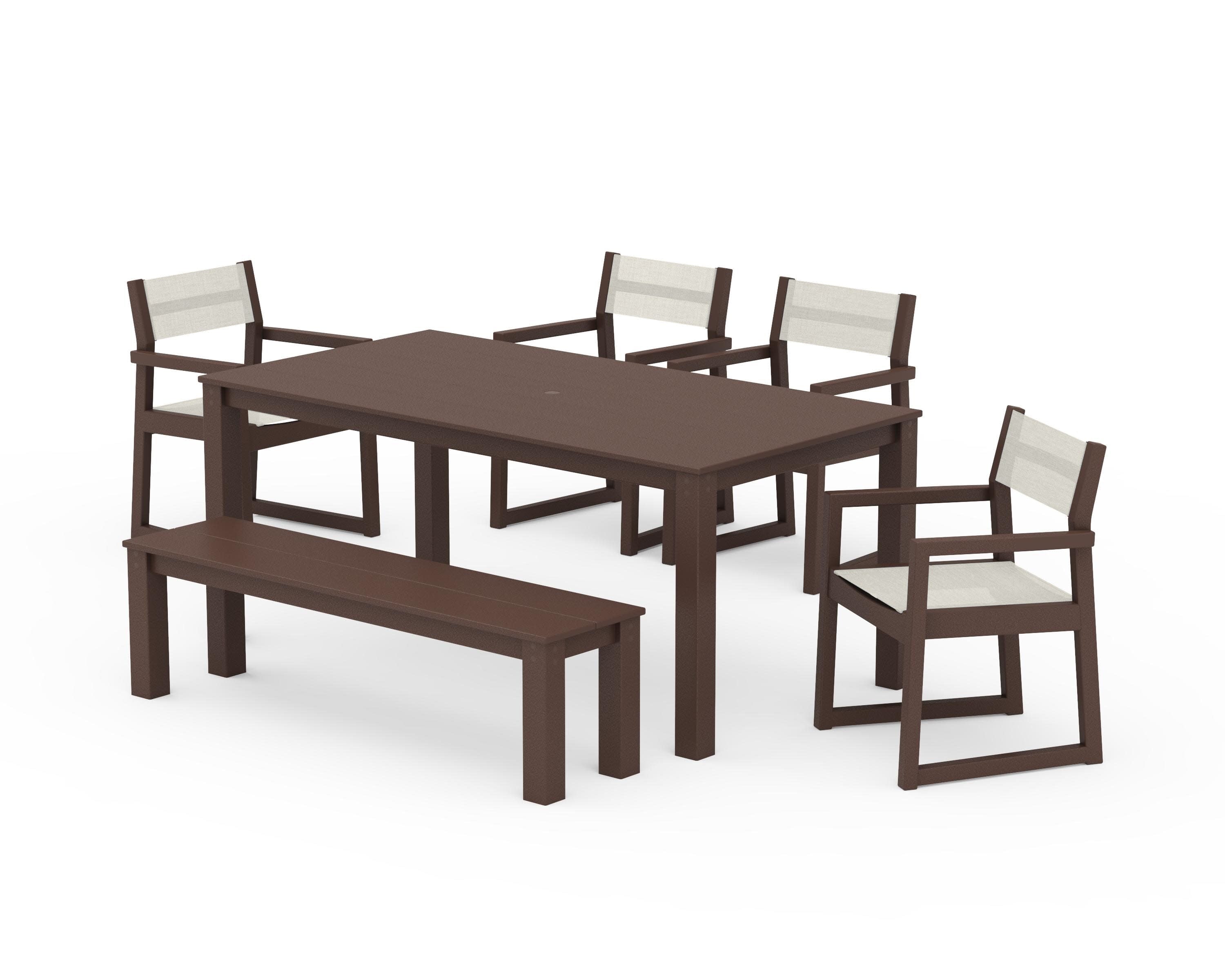 EDGE Sling Arm Chair 6-Piece Parsons Dining Set with Bench in Mahogany / Parchment Sling