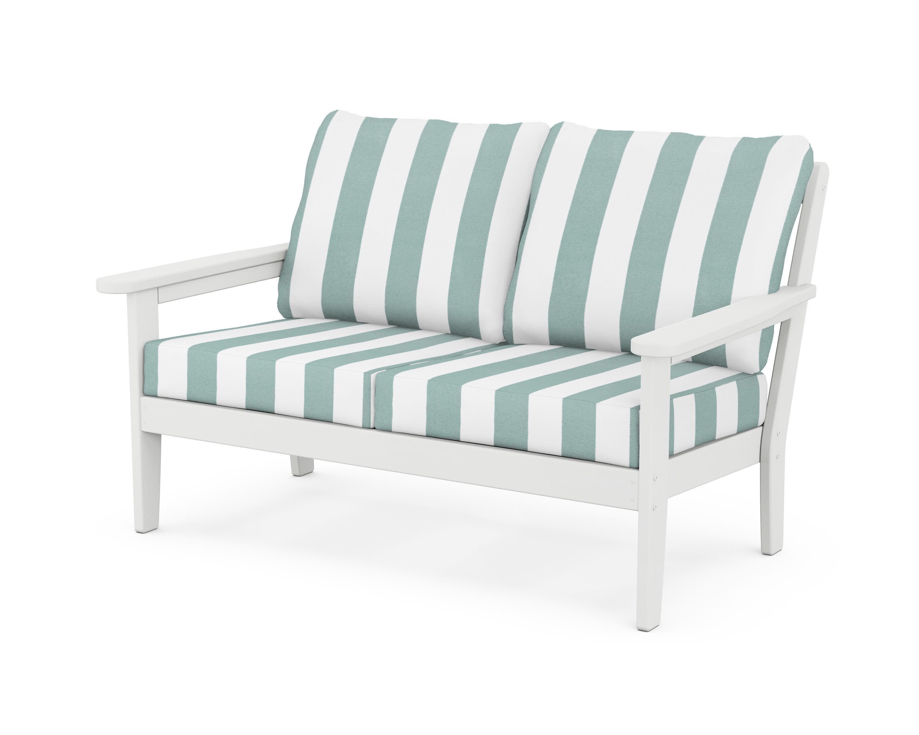 Cottage Deep Seating Loveseat in White / Cabana Stripe Glacier Spa