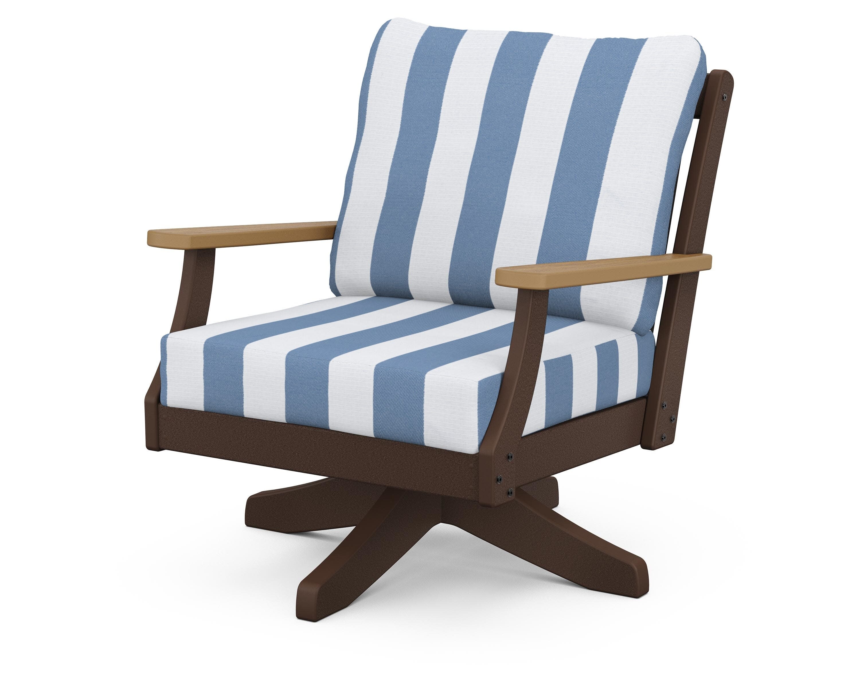 Braxton Deep Seating Swivel Chair in Mahogany / Natural / Cabana Stripe Sky Blue
