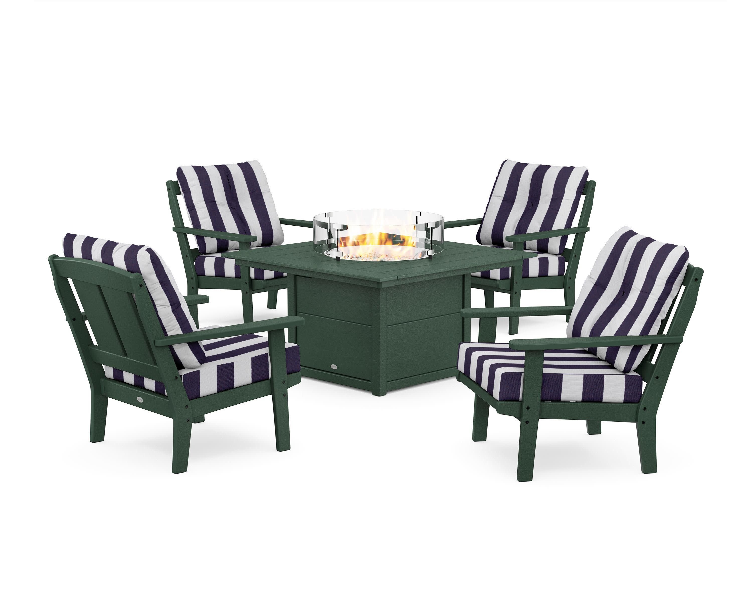Mission 5-Piece Deep Seating Set with Fire Pit Table in Green / Cabana Stripe Navy