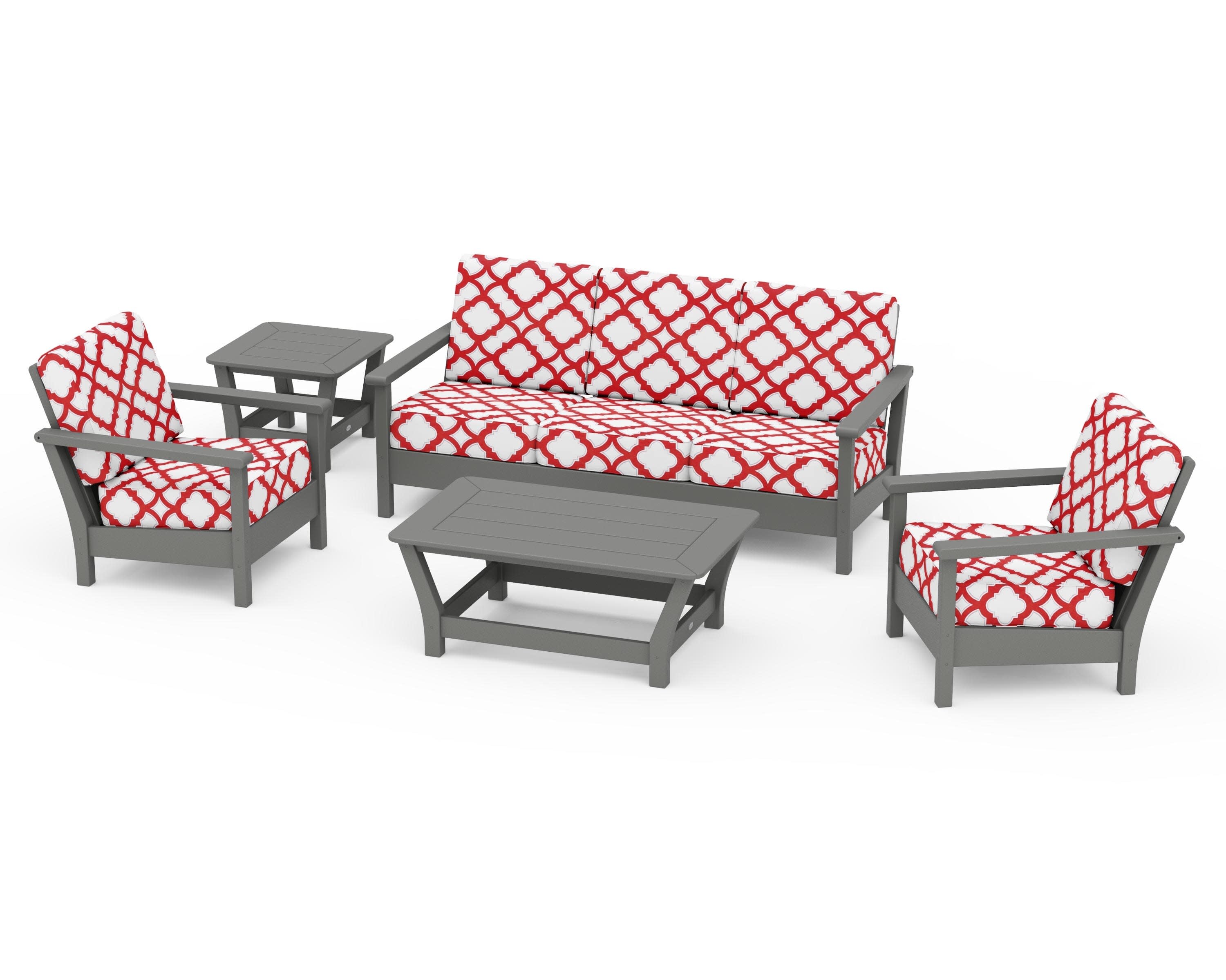 Harbour 5-Piece Deep Seating Set in Slate Grey / Trellis Crimson