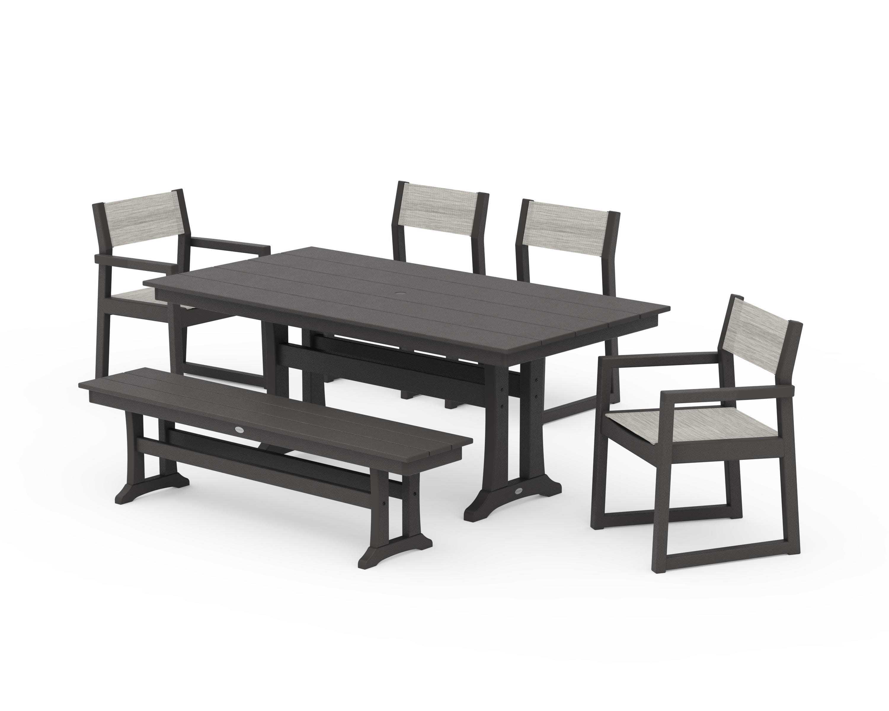 EDGE Sling 6-Piece Farmhouse Dining Set With Trestle Legs in Vintage Coffee / Birch Sling