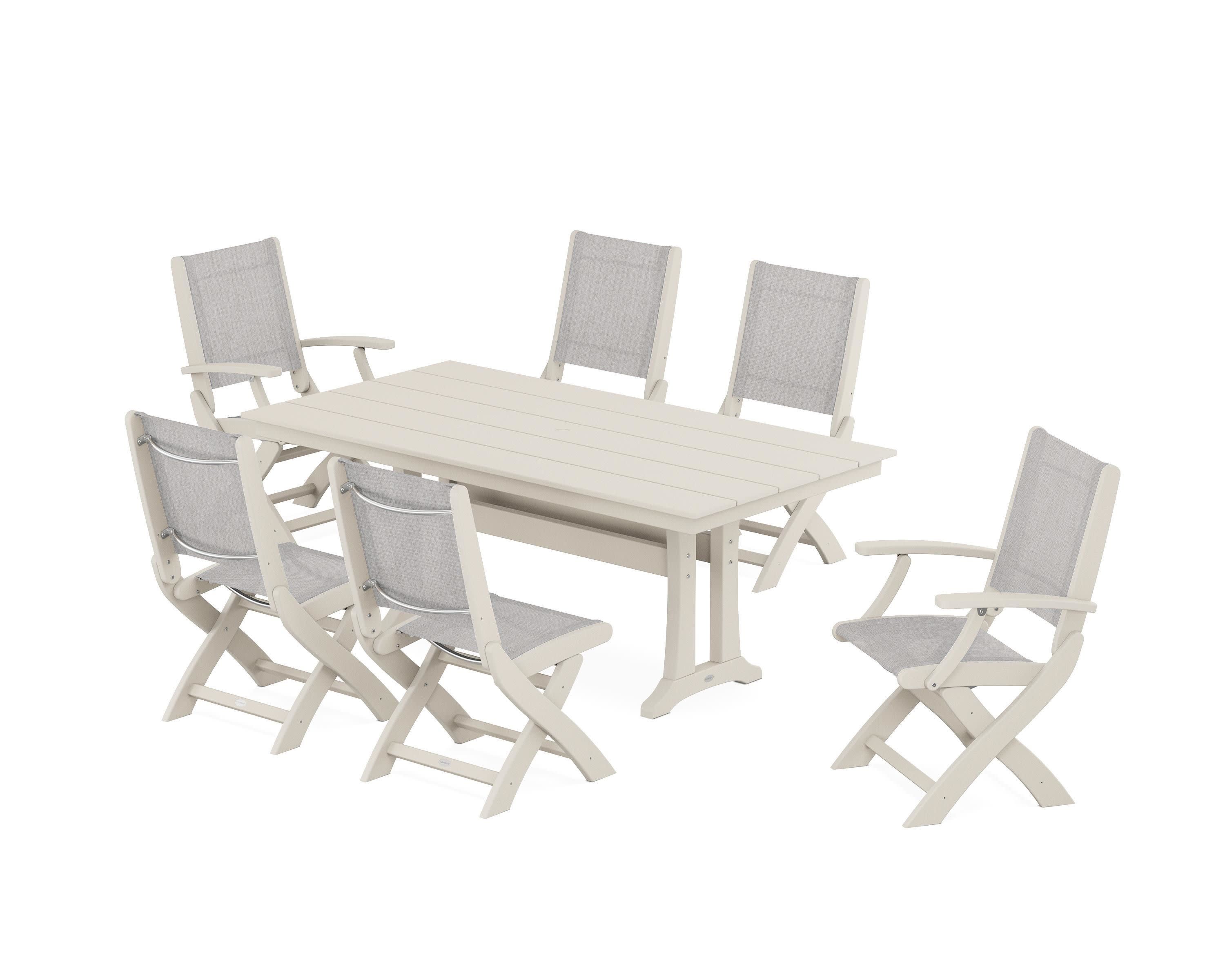 Coastal Folding Chair 7-Piece Farmhouse Dining Set with Trestle Legs in Sand / Parchment Sling