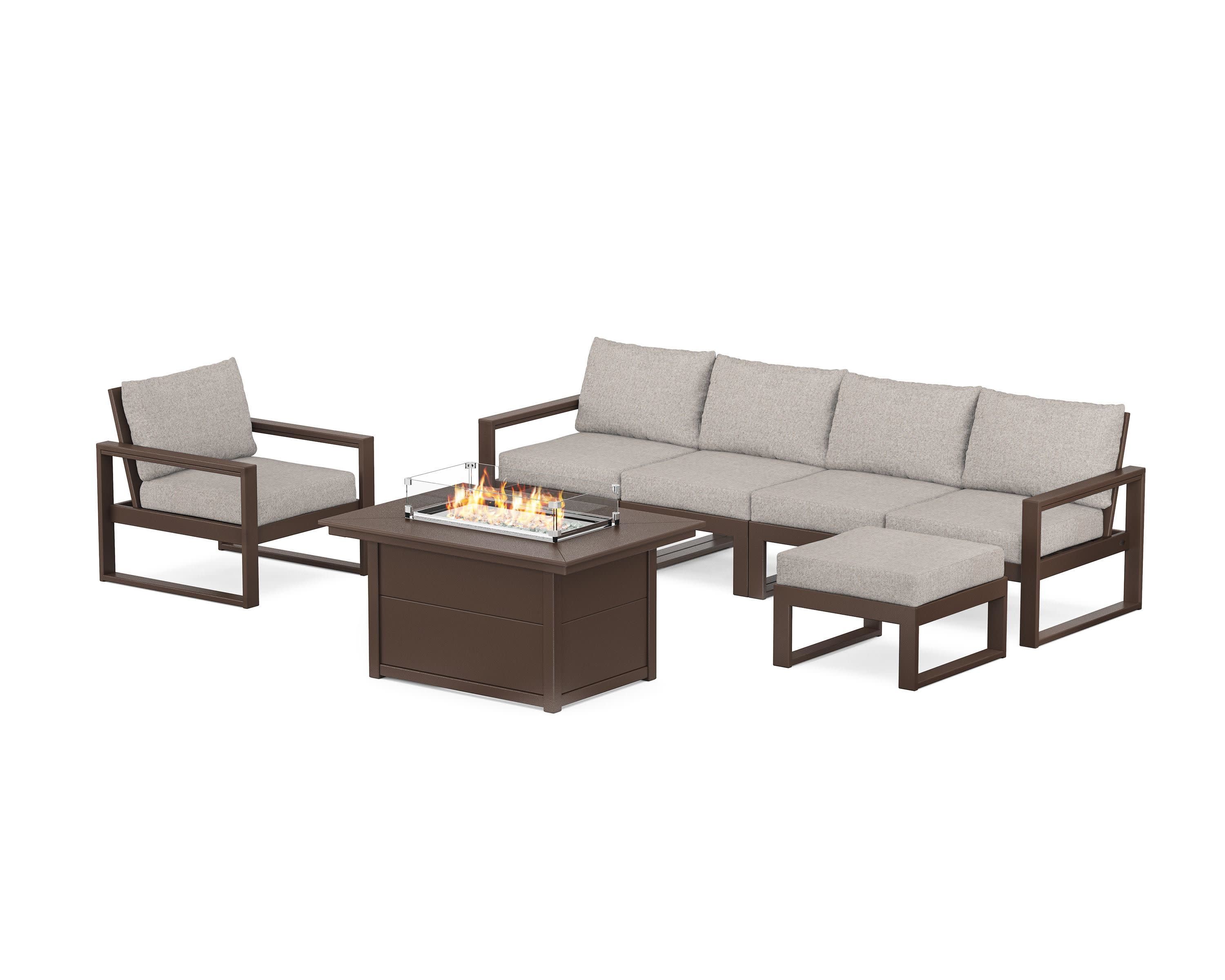 EDGE Sectional Lounge and Fire Pit Set in Mahogany / Weathered Tweed