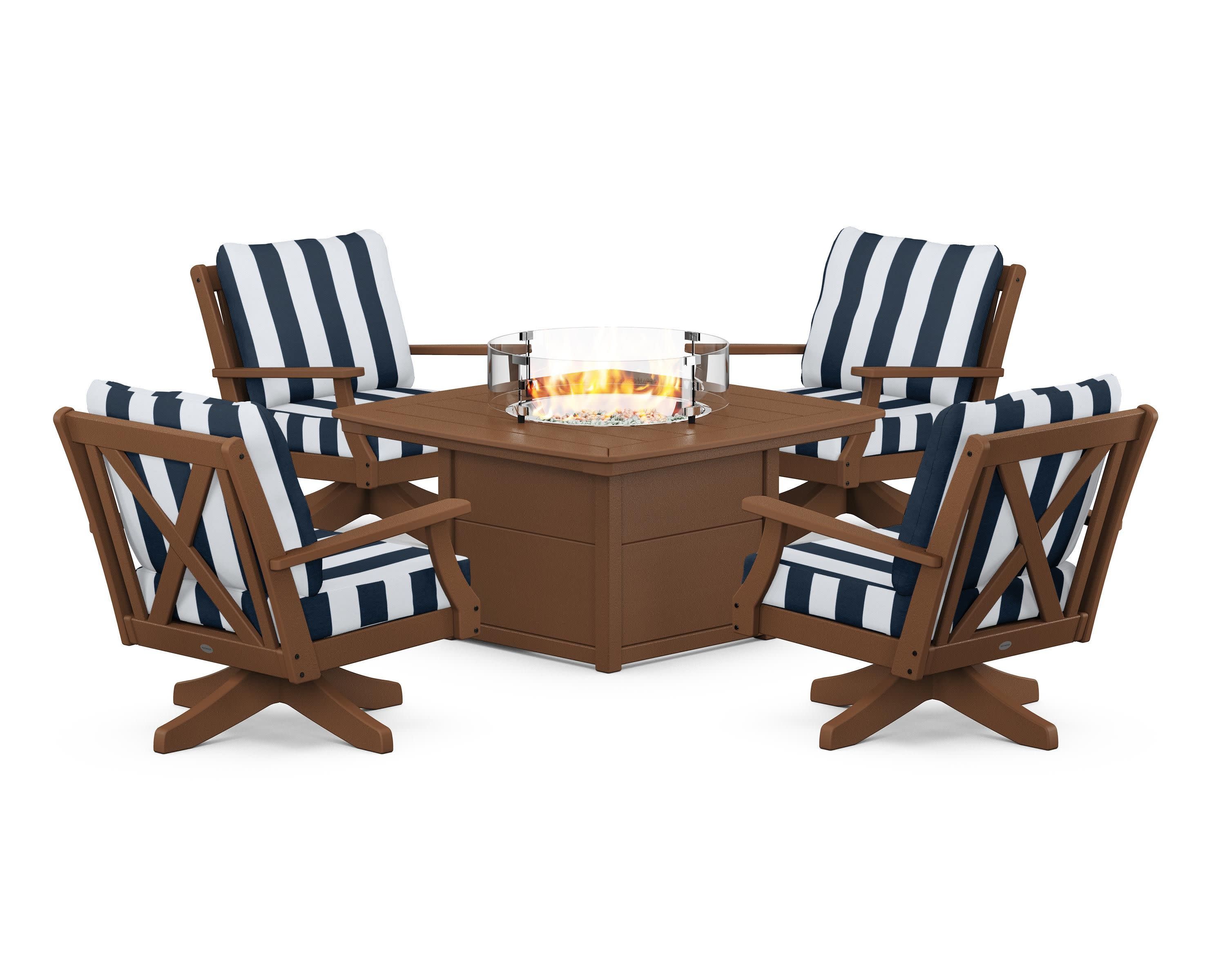 Braxton 5-Piece Deep Seating Swivel Conversation Set with Fire Pit Table in Teak / Cabana Stripe Marine Indigo