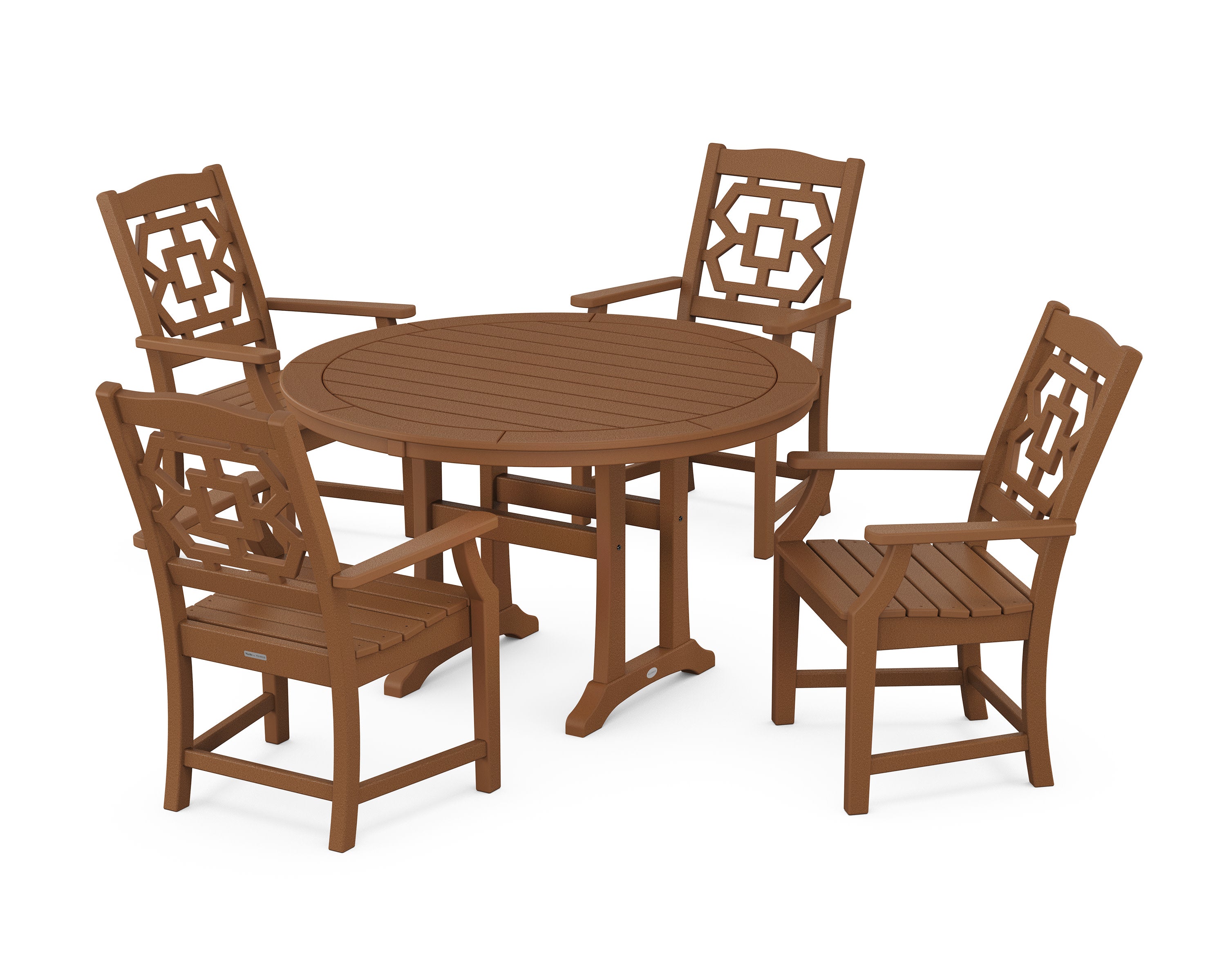 Chinoiserie 5-Piece Round Dining Set with Trestle Legs in Teak