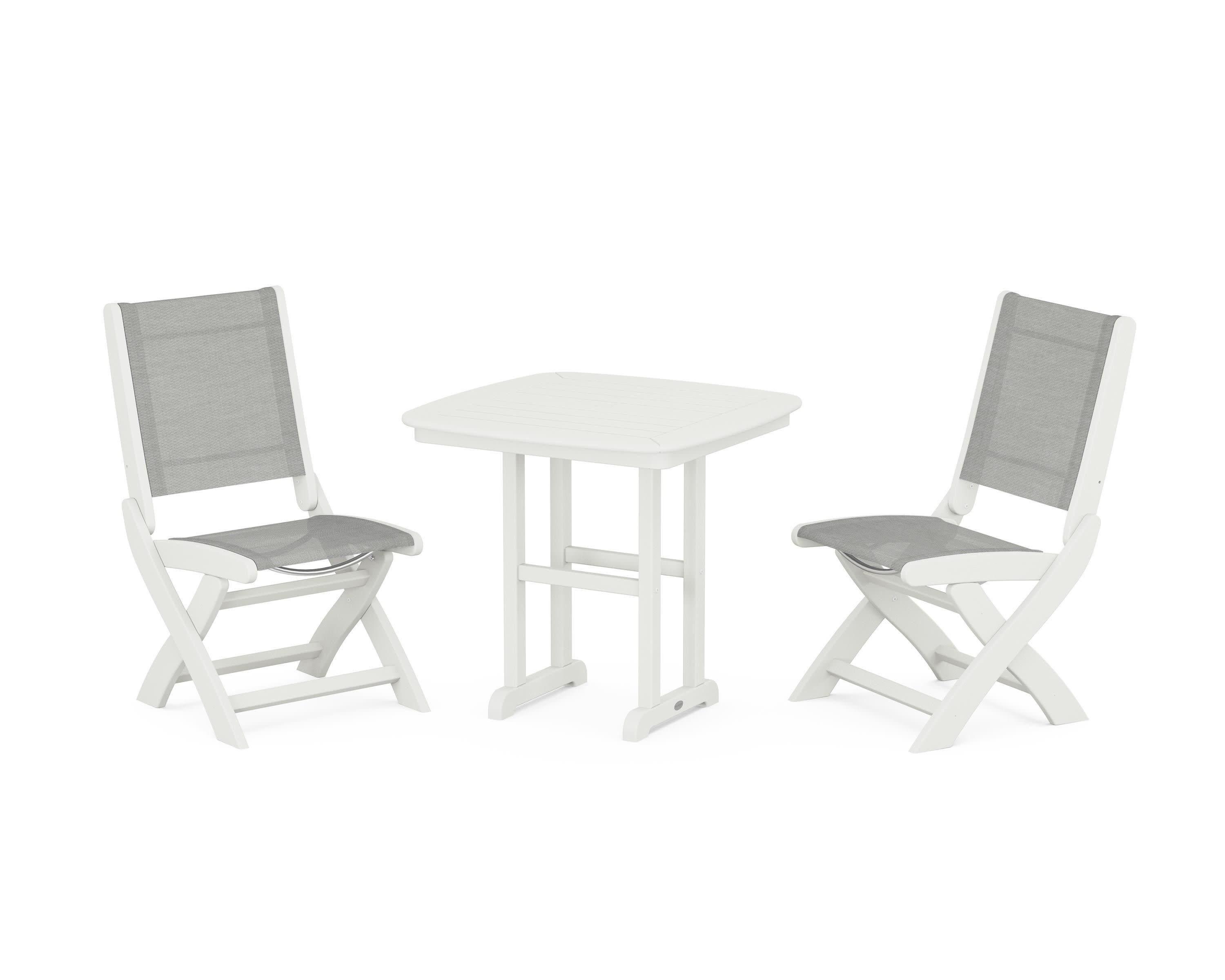 Coastal Folding Side Chair 3-Piece Dining Set in Vintage White / Metallic Sling
