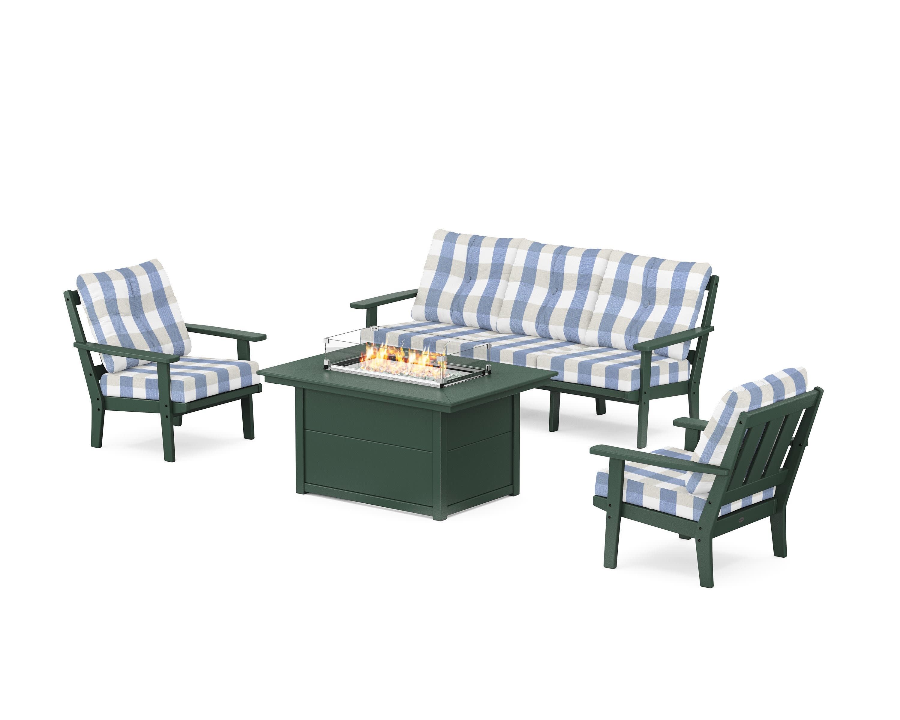 Oxford Deep Seating Fire Pit Table Set in Green / Buffalo Plaid Sky Blue