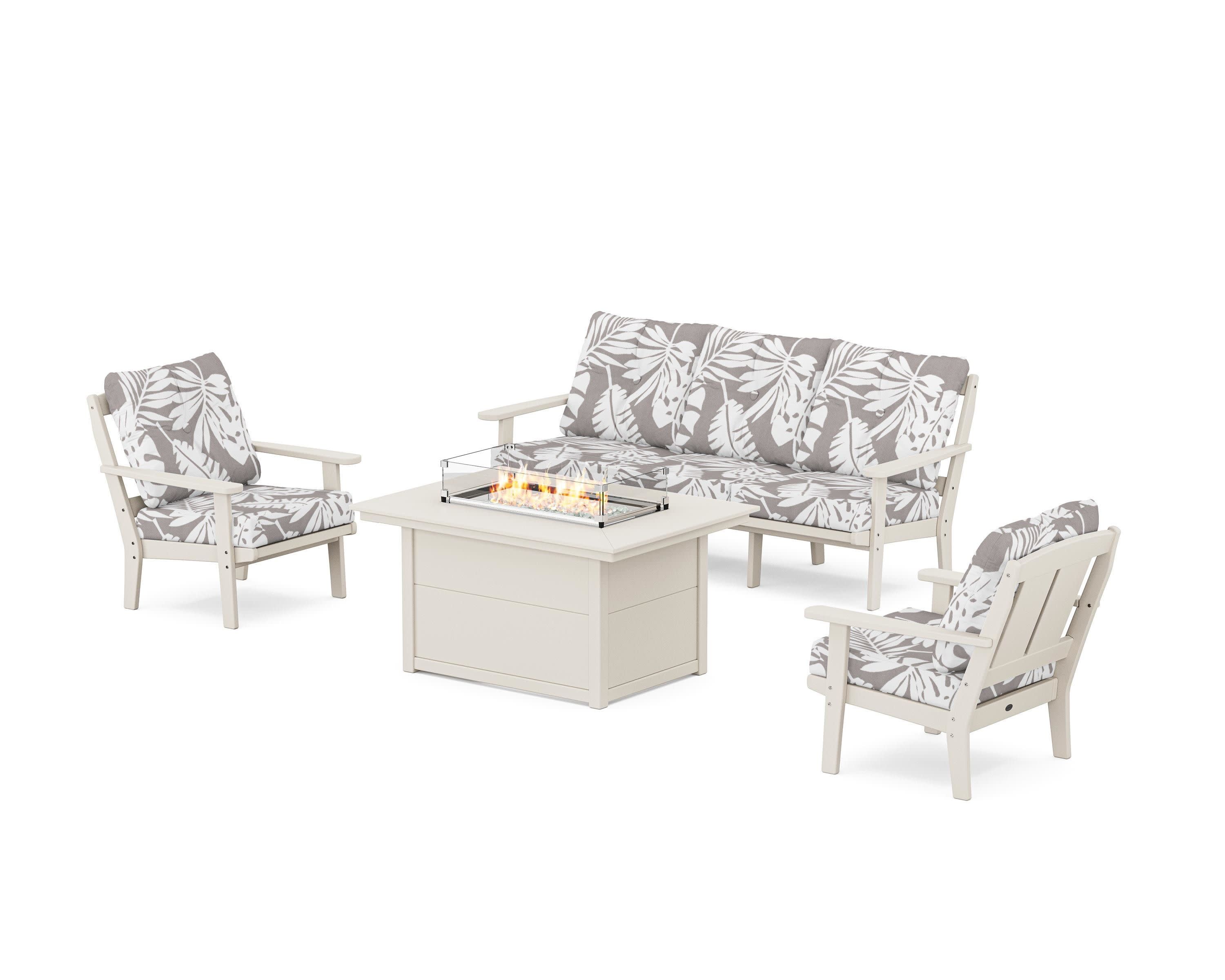 Mission Deep Seating Fire Pit Table Set in Sand / Leaf Grey Mist
