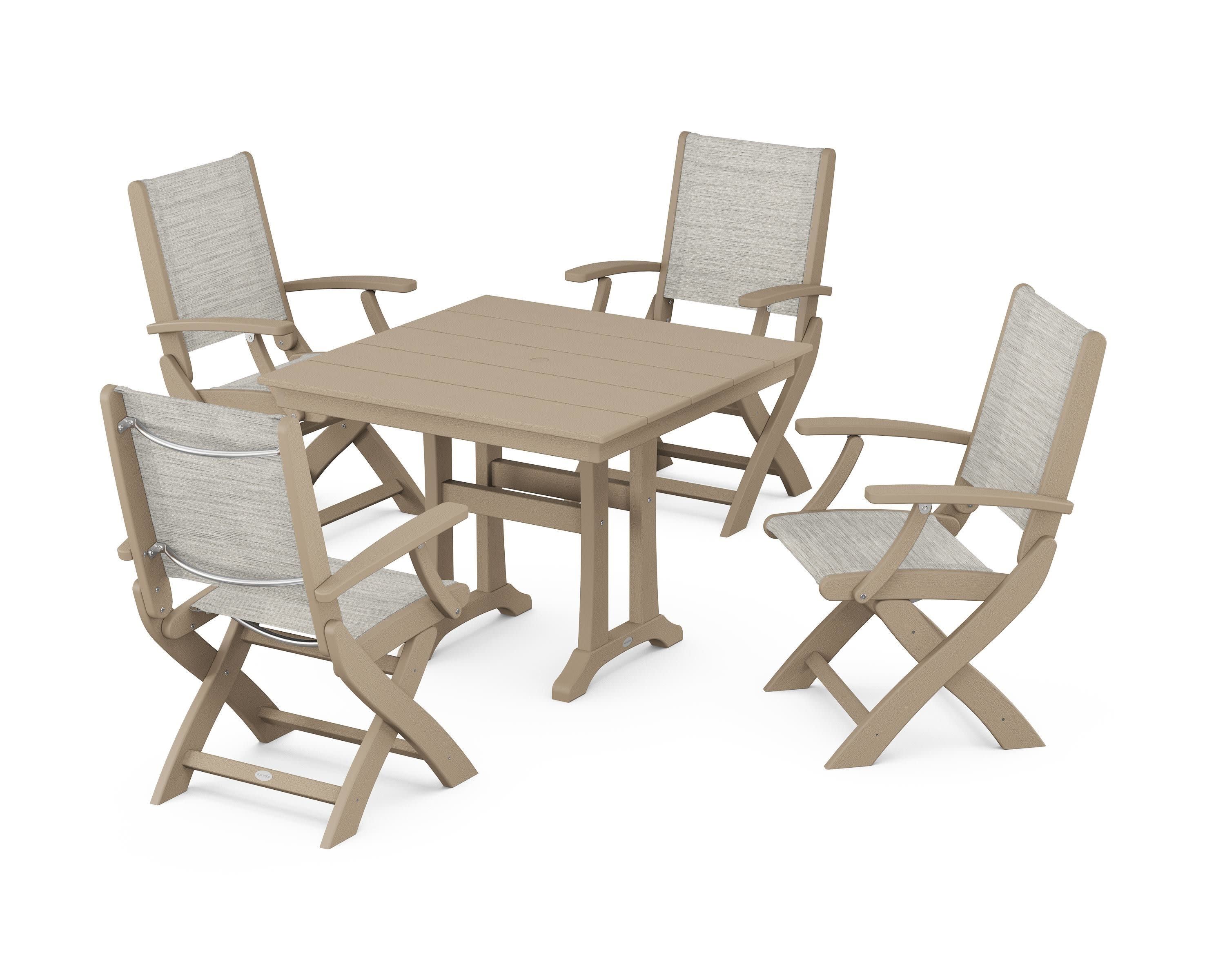 Coastal Folding Chair 5-Piece Farmhouse Dining Set With Trestle Legs in Vintage Sahara / Birch Sling