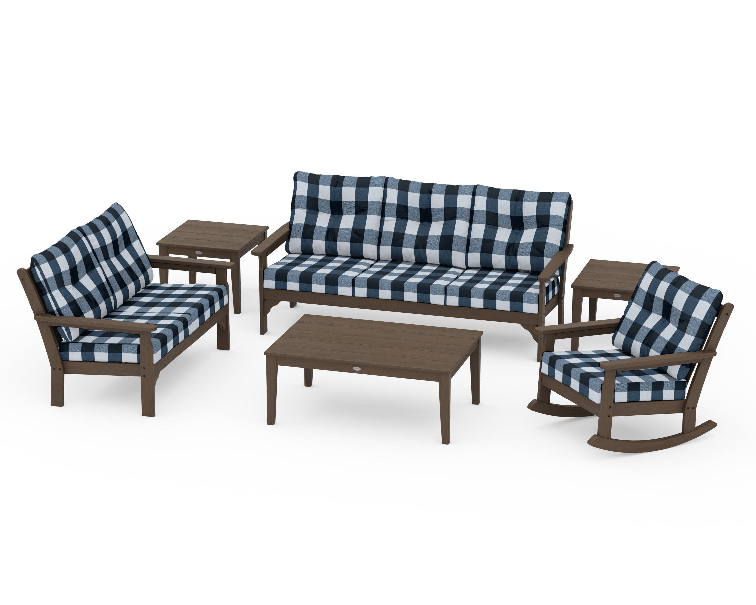 Vineyard 6-Piece Deep Seating Set in Kona / Buffalo Plaid Marine Indigo