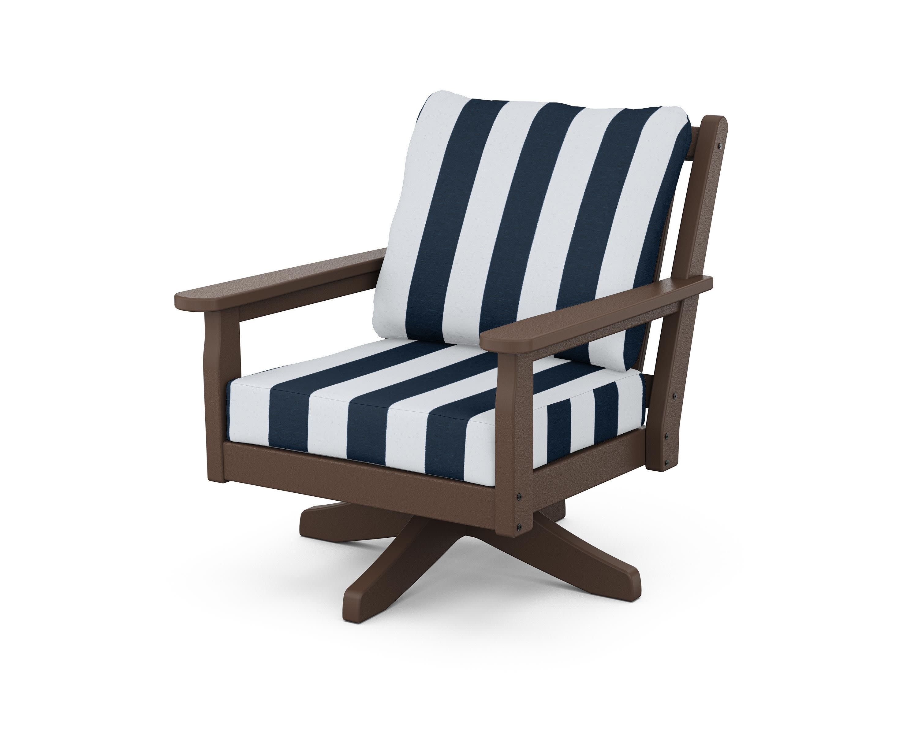 Chippendale Deep Seating Swivel Chair in Mahogany / Cabana Stripe Marine Indigo