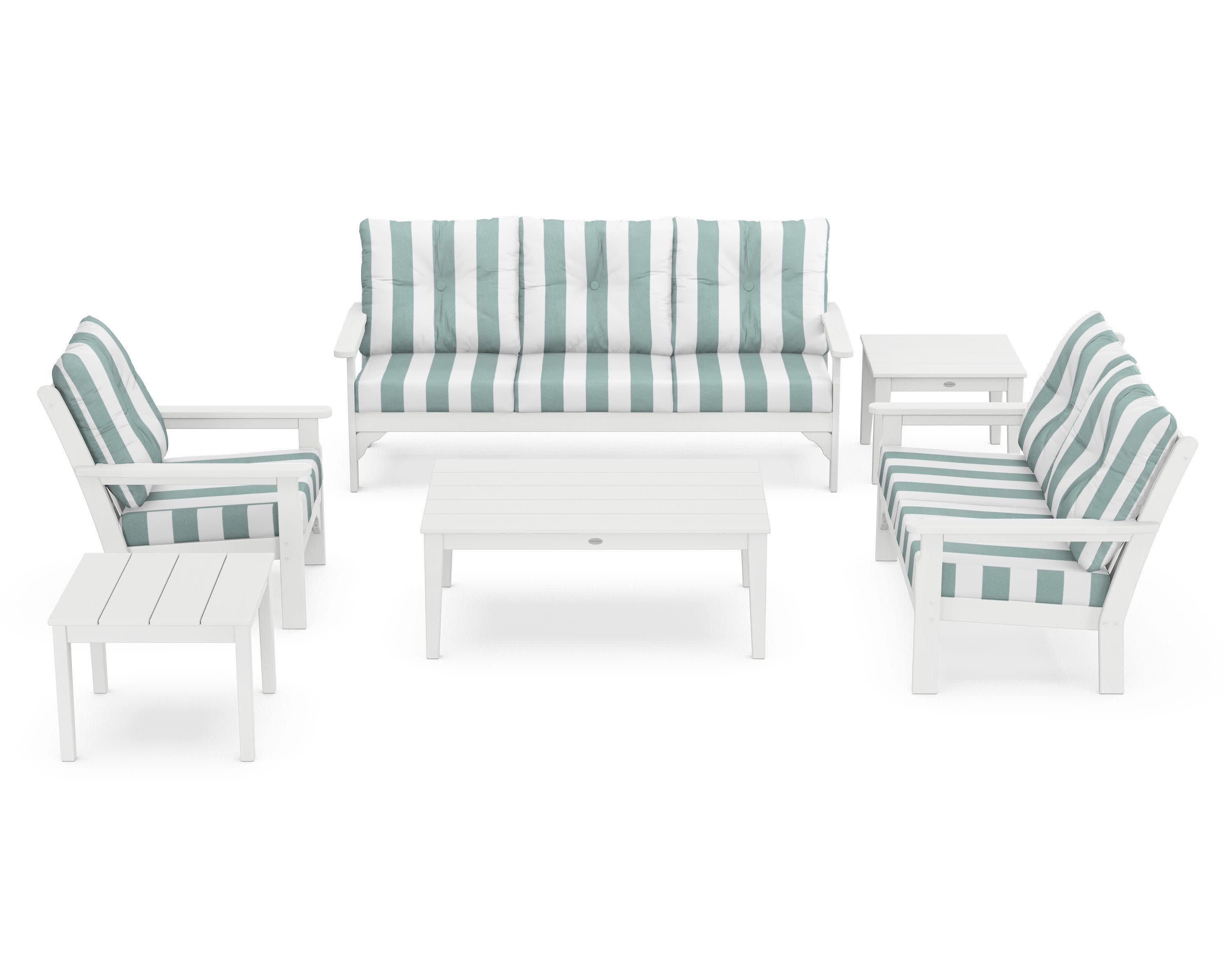 Vineyard 6-Piece Deep Seating Set in White / Cabana Stripe Glacier Spa
