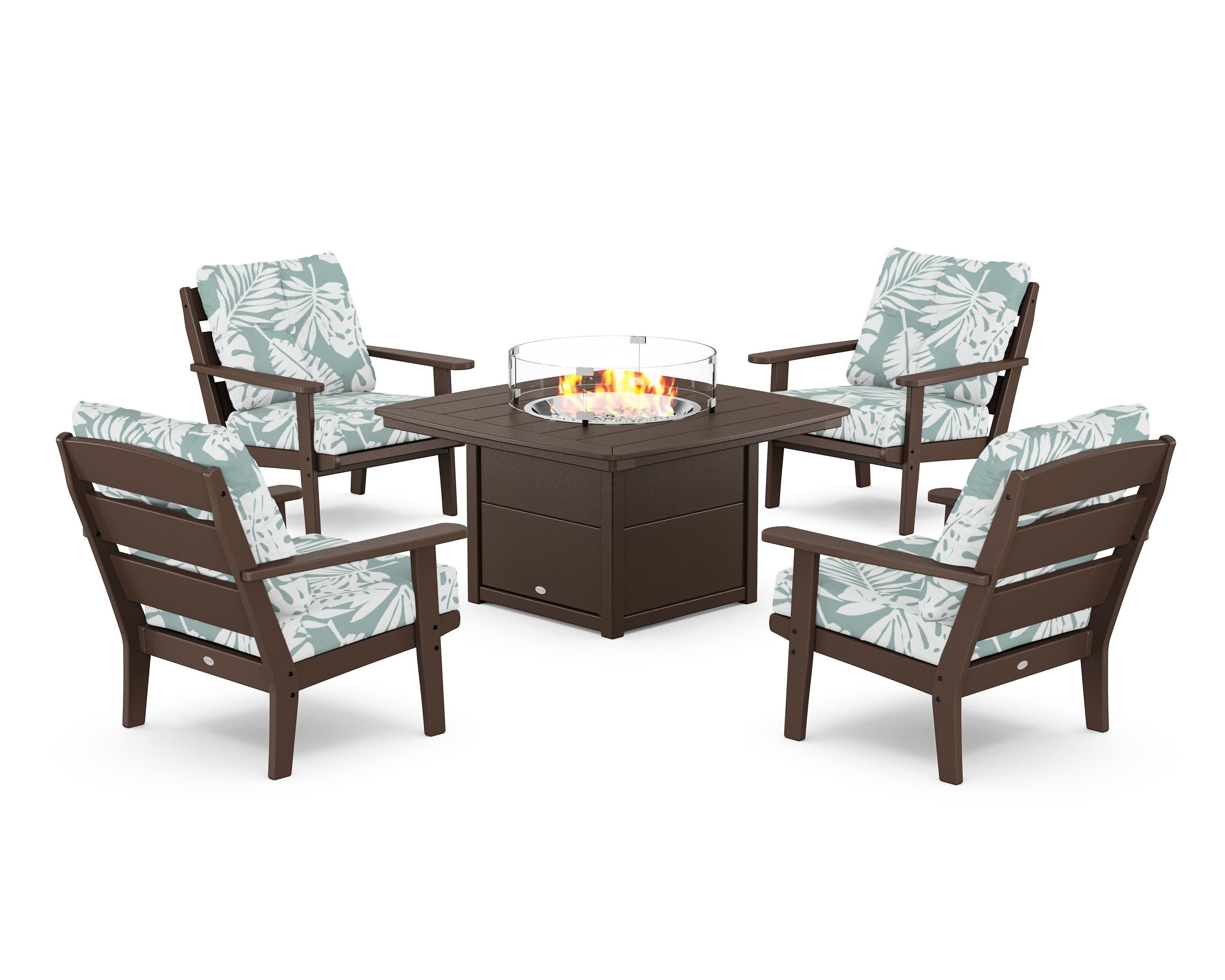 Lakeside 5-Piece Deep Seating Set with Nautical Fire Pit Table in Mahogany / Leaf Glacier Spa