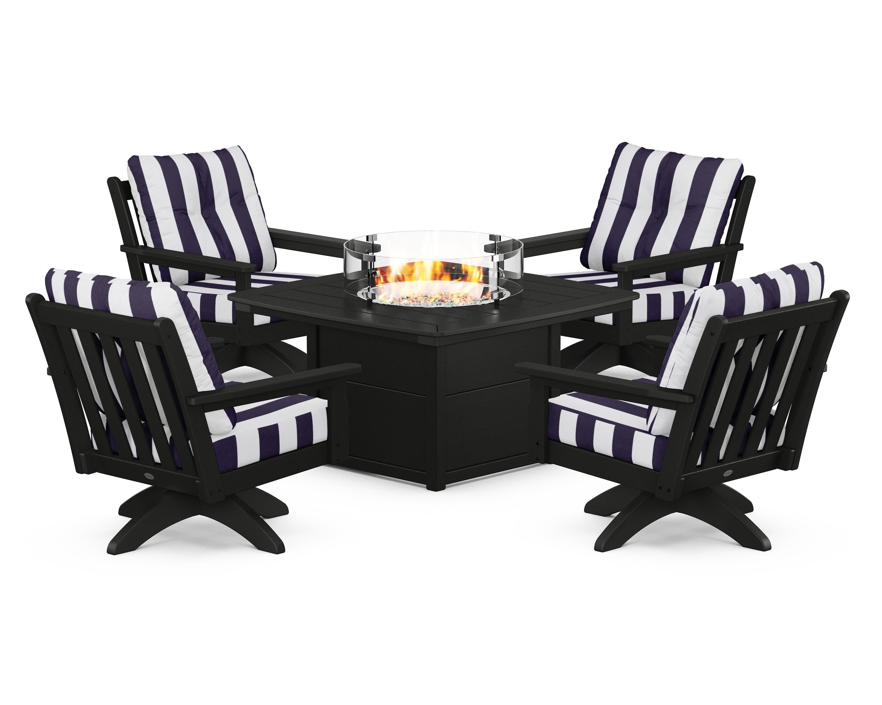 Vineyard 5-Piece Deep Seating Swivel Conversation Set with Fire Pit Table in Black / Cabana Stripe Navy