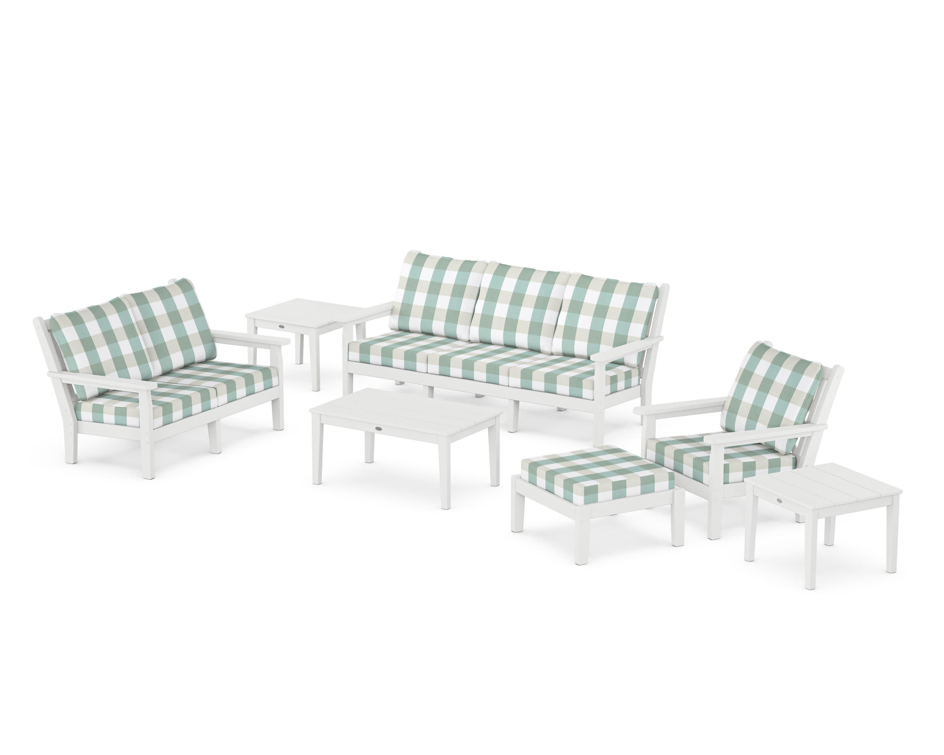 Chippendale 7-Piece Deep Seating Set in White / Buffalo Plaid Glacier Spa