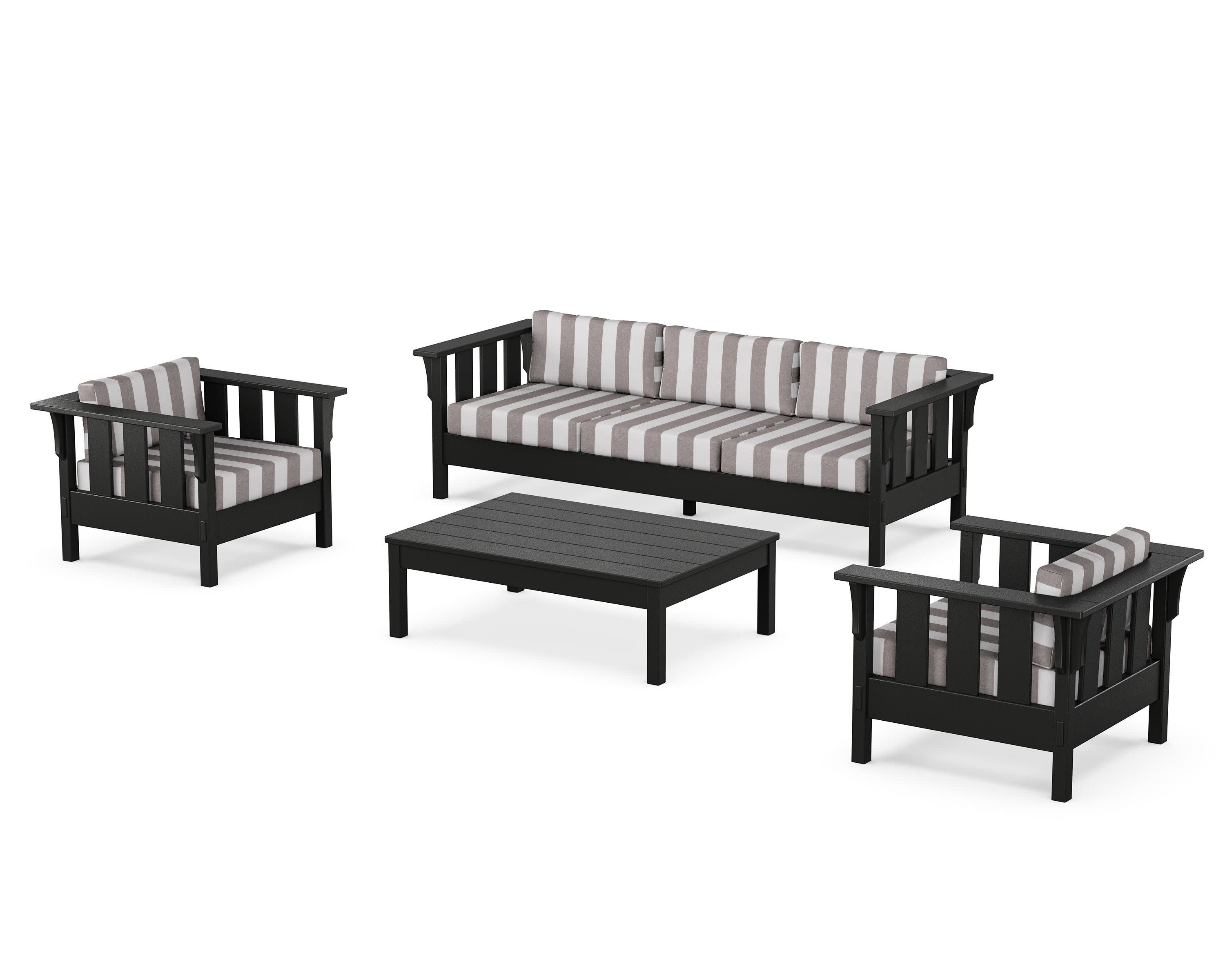 Acadia 4-Piece Deep Seating Set with Sofa in Black / Cabana Stripe Grey Mist