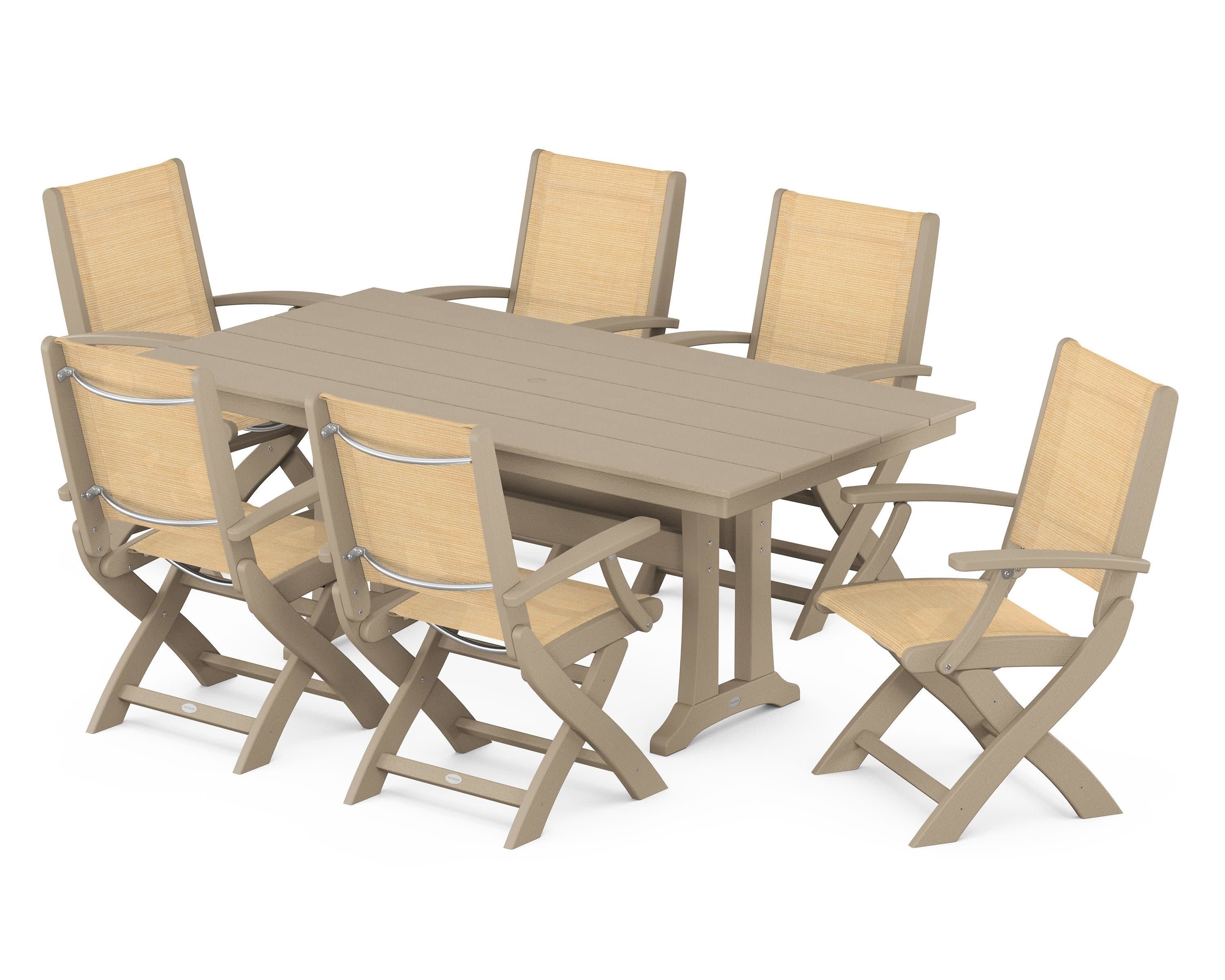 Coastal Folding Arm Chair 7-Piece Farmhouse Dining Set with Trestle Legs in Vintage Sahara / Dupioni Apricot Sling