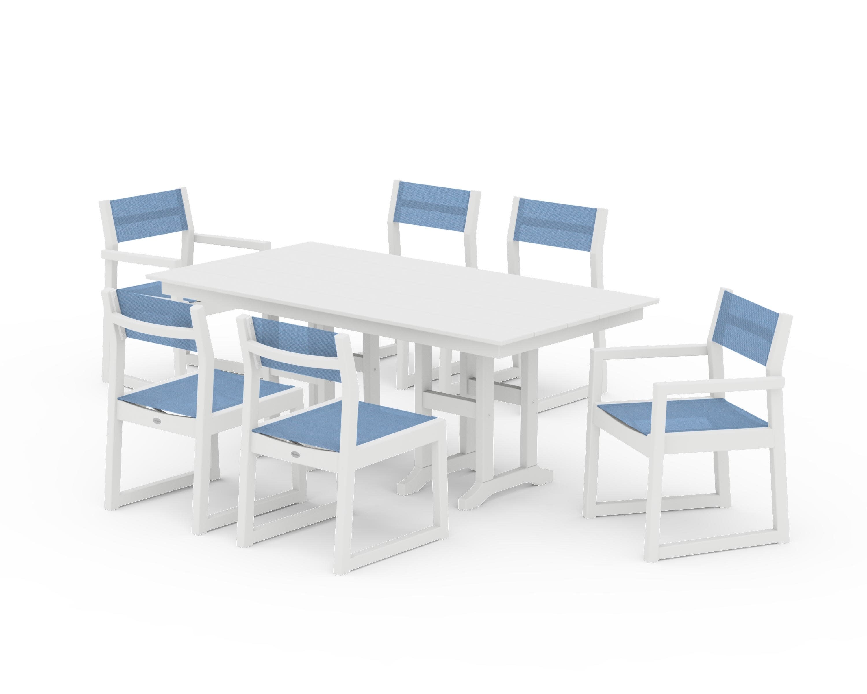 EDGE Sling 7-Piece Farmhouse Dining Set in White / Poolside Sling