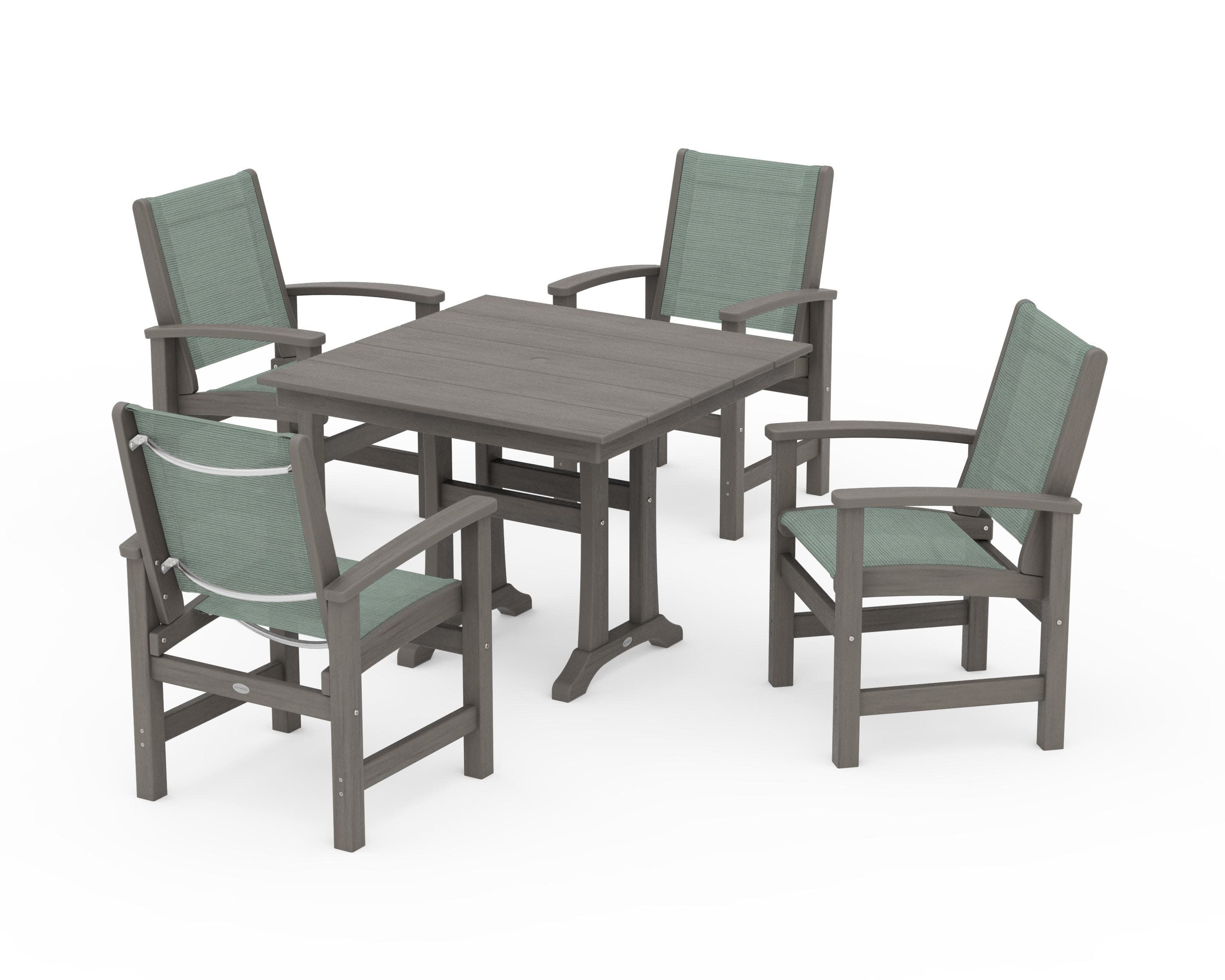 Coastal 5-Piece Farmhouse Dining Set With Trestle Legs in Driftwood / Dupioni Sea Mist Sling