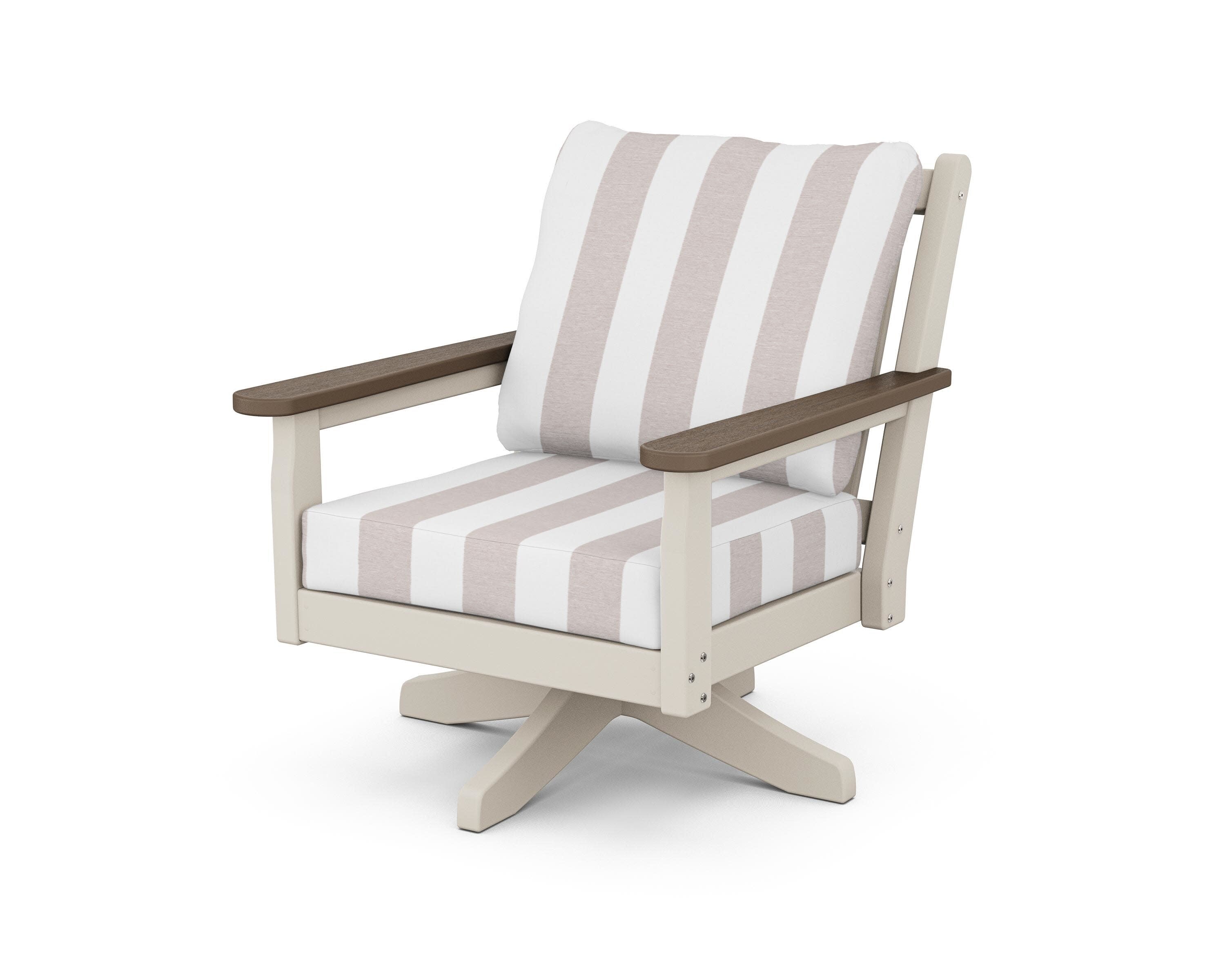 Chippendale Deep Seating Swivel Chair in Sand / Kona / Cabana Stripe Dune Burlap