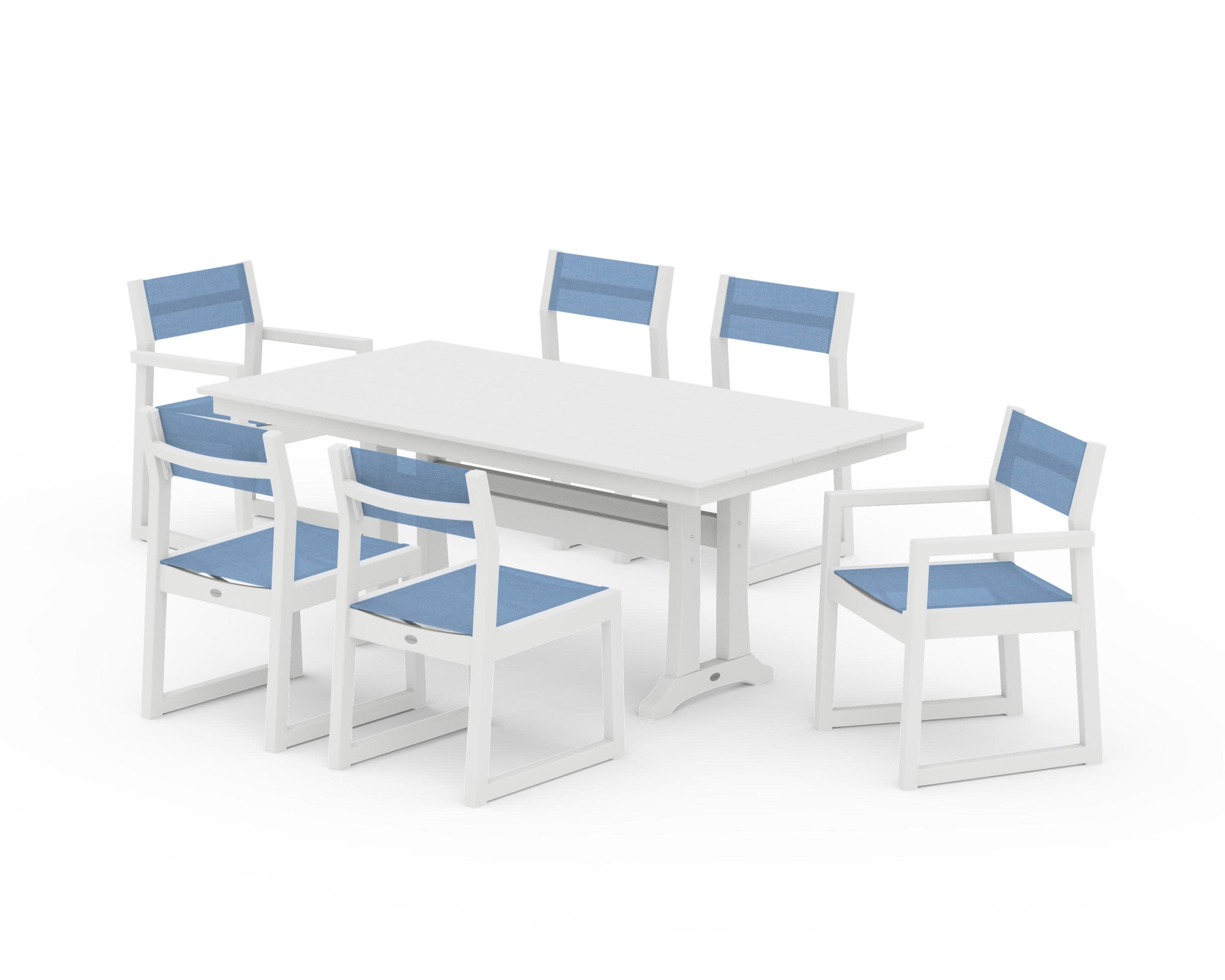 EDGE Sling 7-Piece Farmhouse Trestle Dining Set in White / Poolside Sling