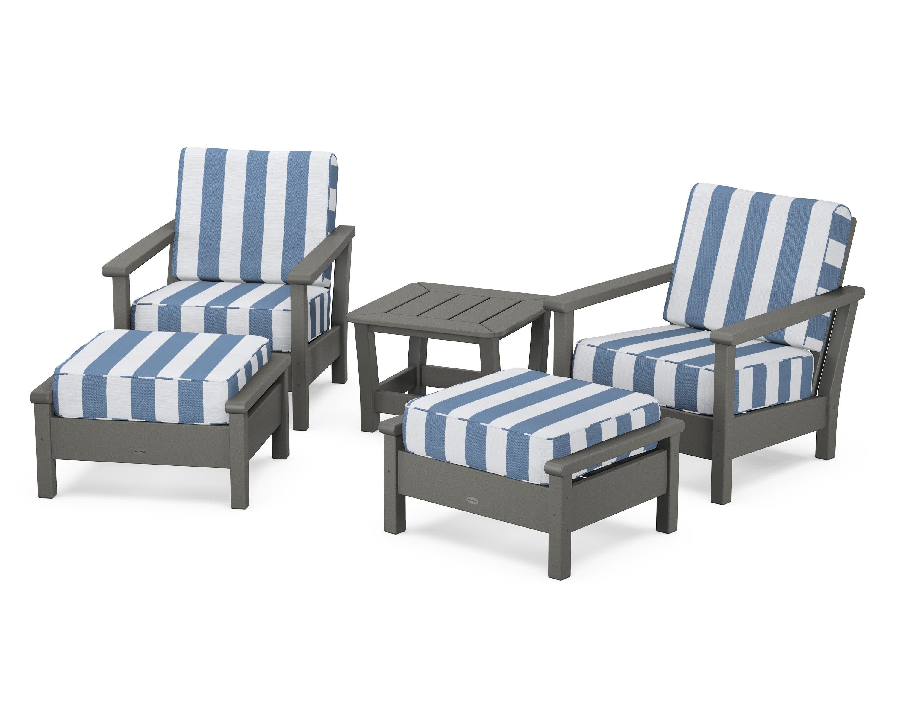 Harbour 5-Piece Deep Seating Chair Set in Slate Grey / Cabana Stripe Sky Blue