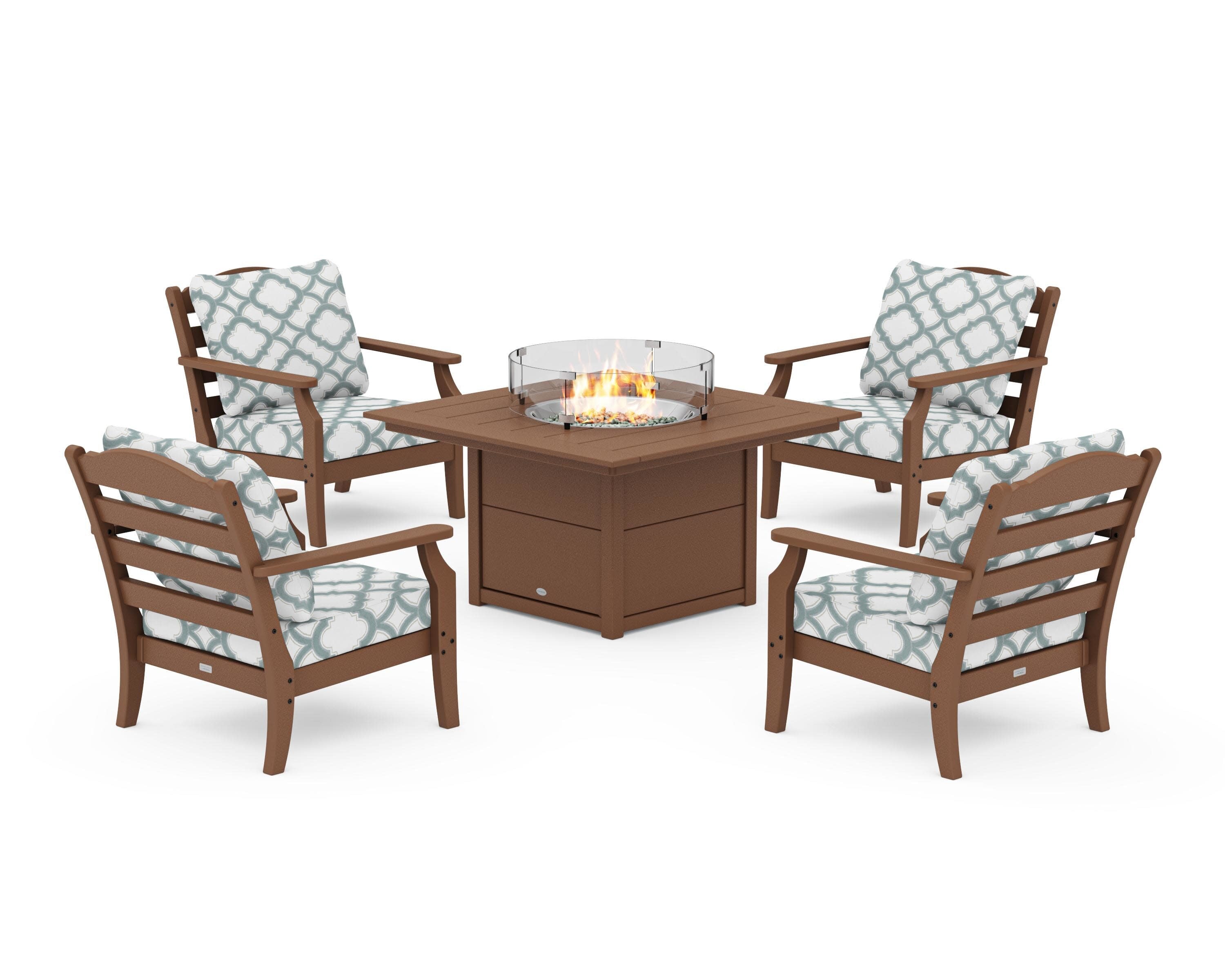 Savannah 5-Piece Deep Seating Set with Fire Pit Table in Teak / Trellis Glacier Spa