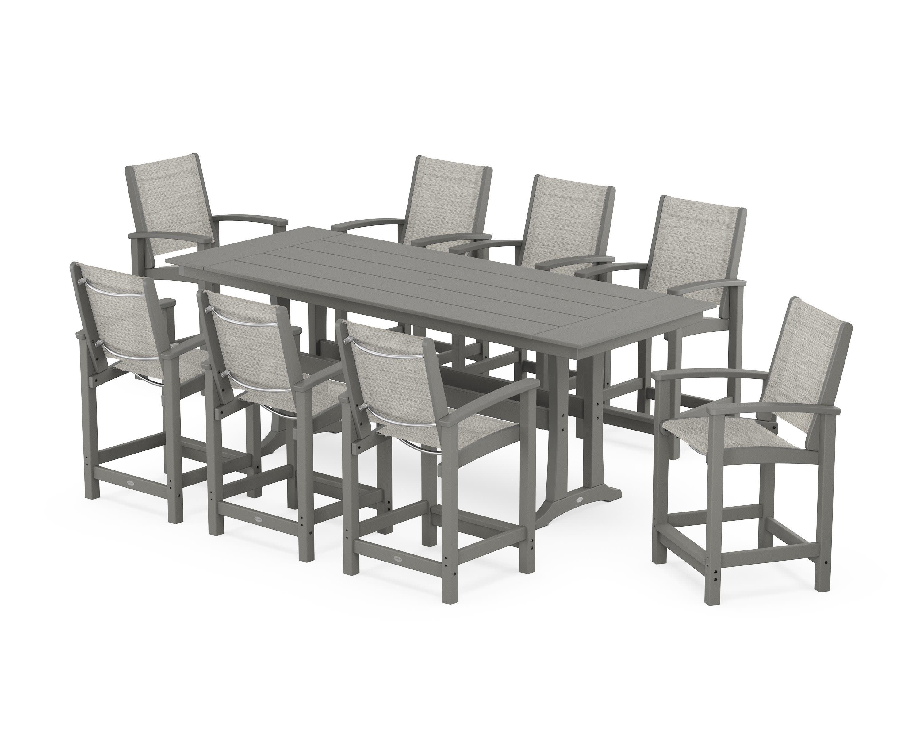 Coastal 9-Piece Farmhouse Counter Set with Trestle Legs in Slate Grey / Birch Sling