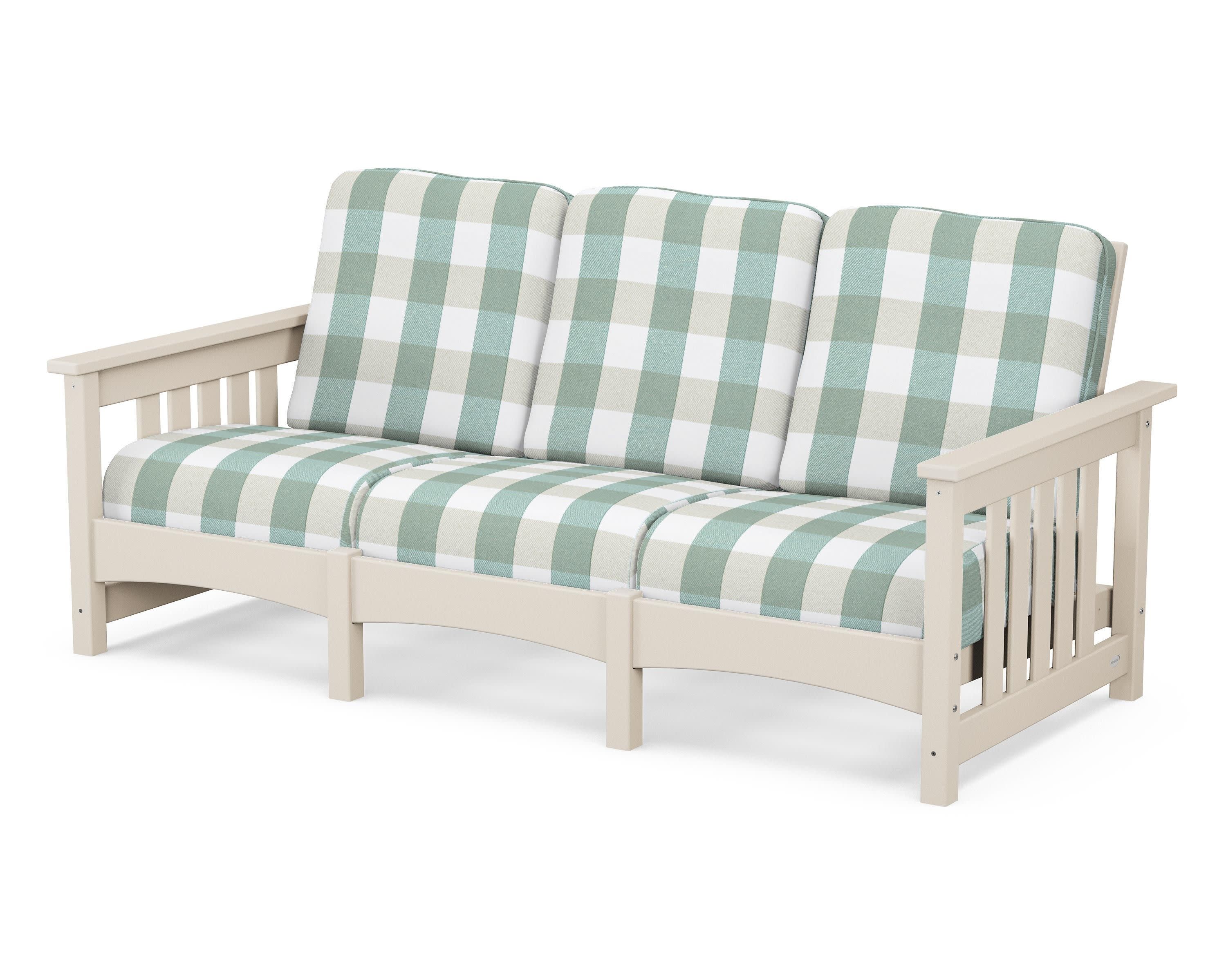 Club Mission Sofa in Sand / Buffalo Plaid Glacier Spa