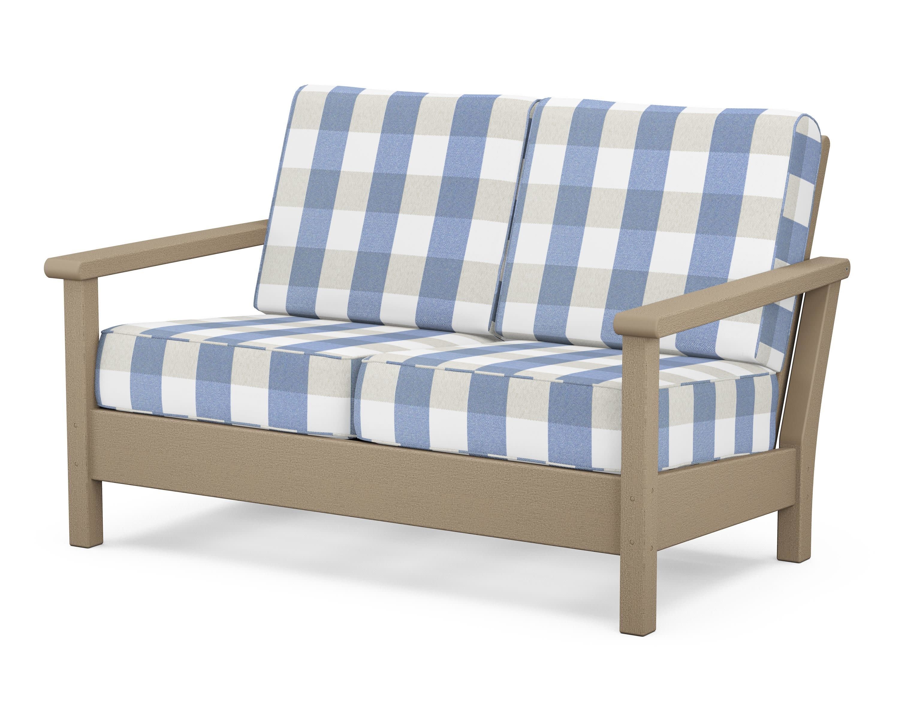 Harbour Deep Seating Loveseat in Vintage Sahara / Buffalo Plaid Sky Blue