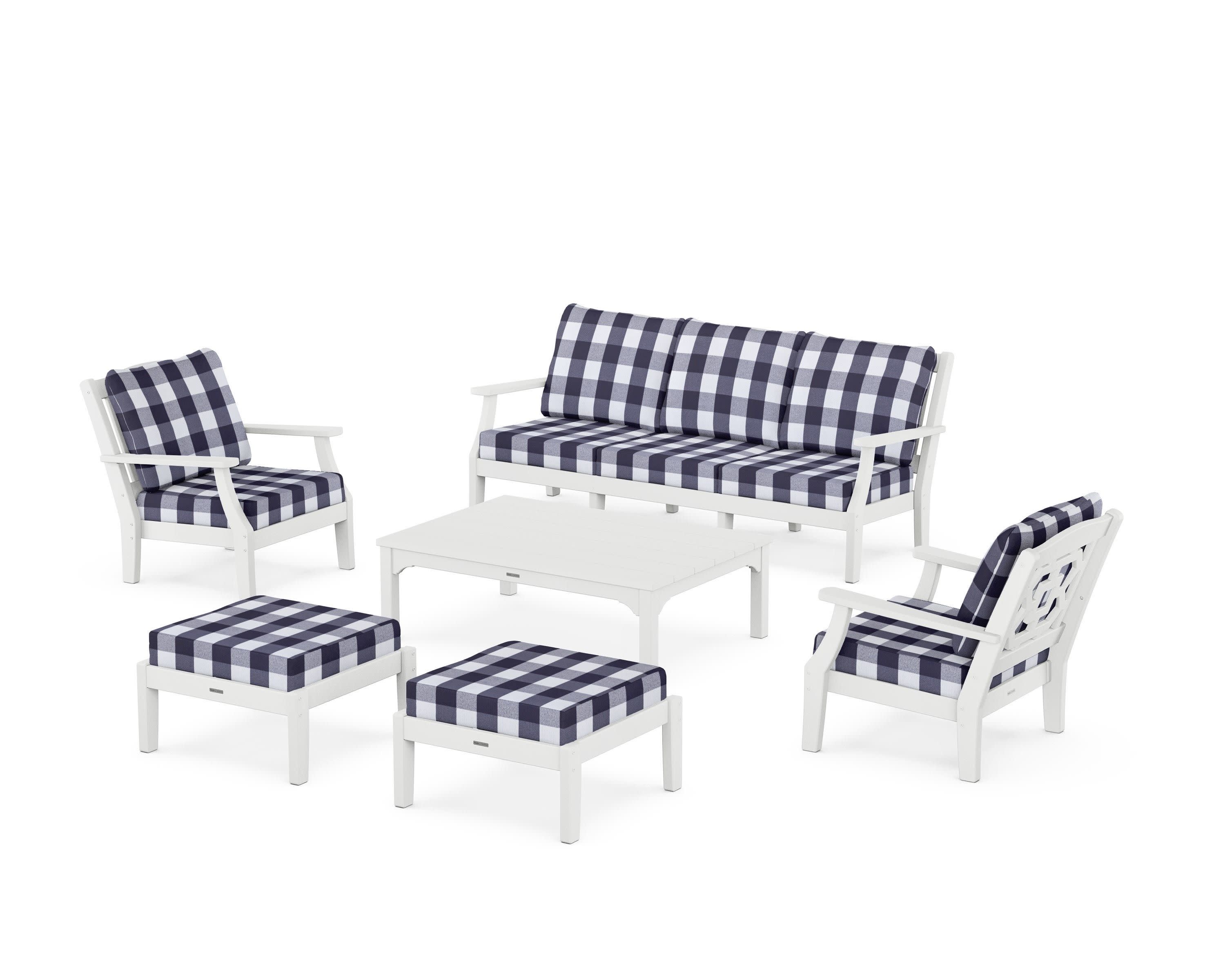 Chinoiserie 6-Piece Lounge Sofa Set in White / Buffalo Plaid Navy