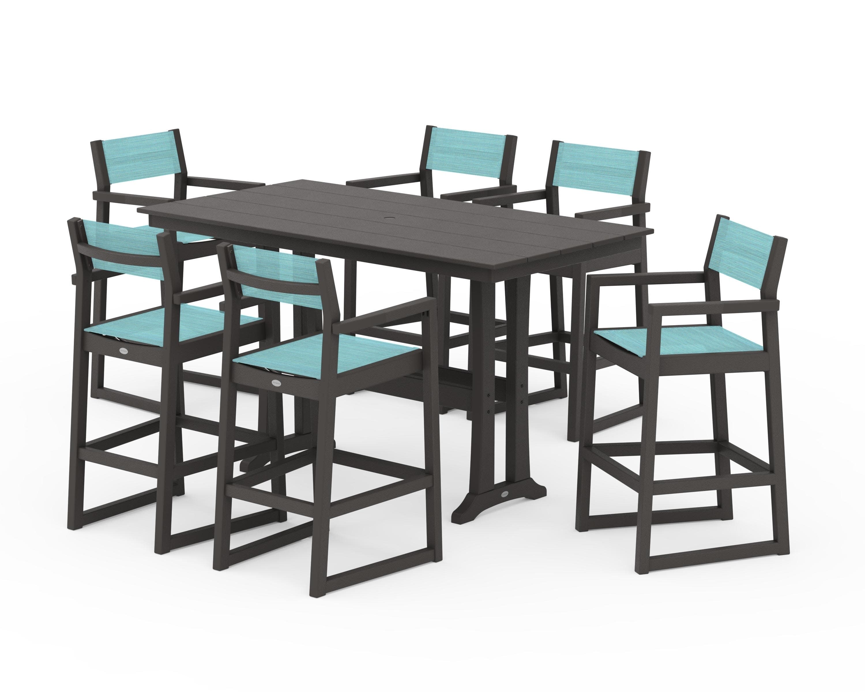 EDGE Sling Arm Chair 7-Piece Farmhouse Bar Set with Trestle Legs in Vintage Coffee / Dupioni Aquamarine Sling