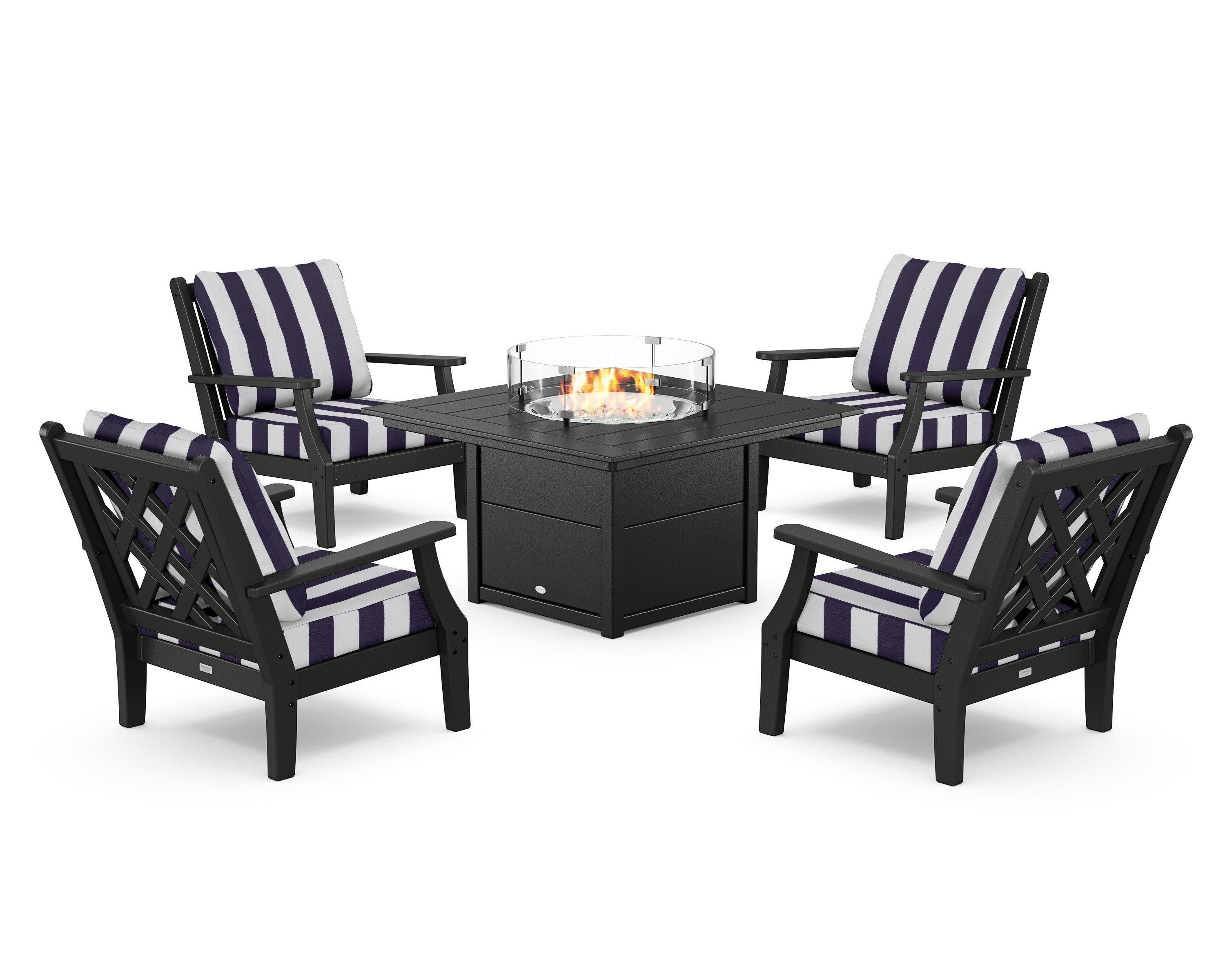 Wovendale 5-Piece Deep Seating Set with Fire Pit Table in Black / Cabana Stripe Navy