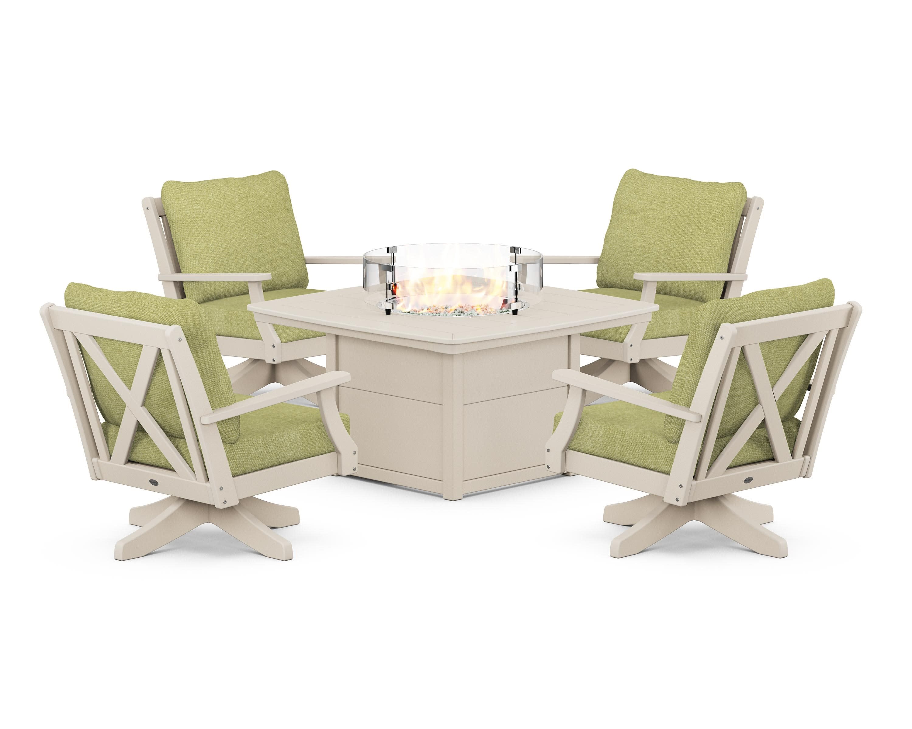 Braxton 5-Piece Deep Seating Swivel Conversation Set with Fire Pit Table in Sand / Chartreuse Boucle