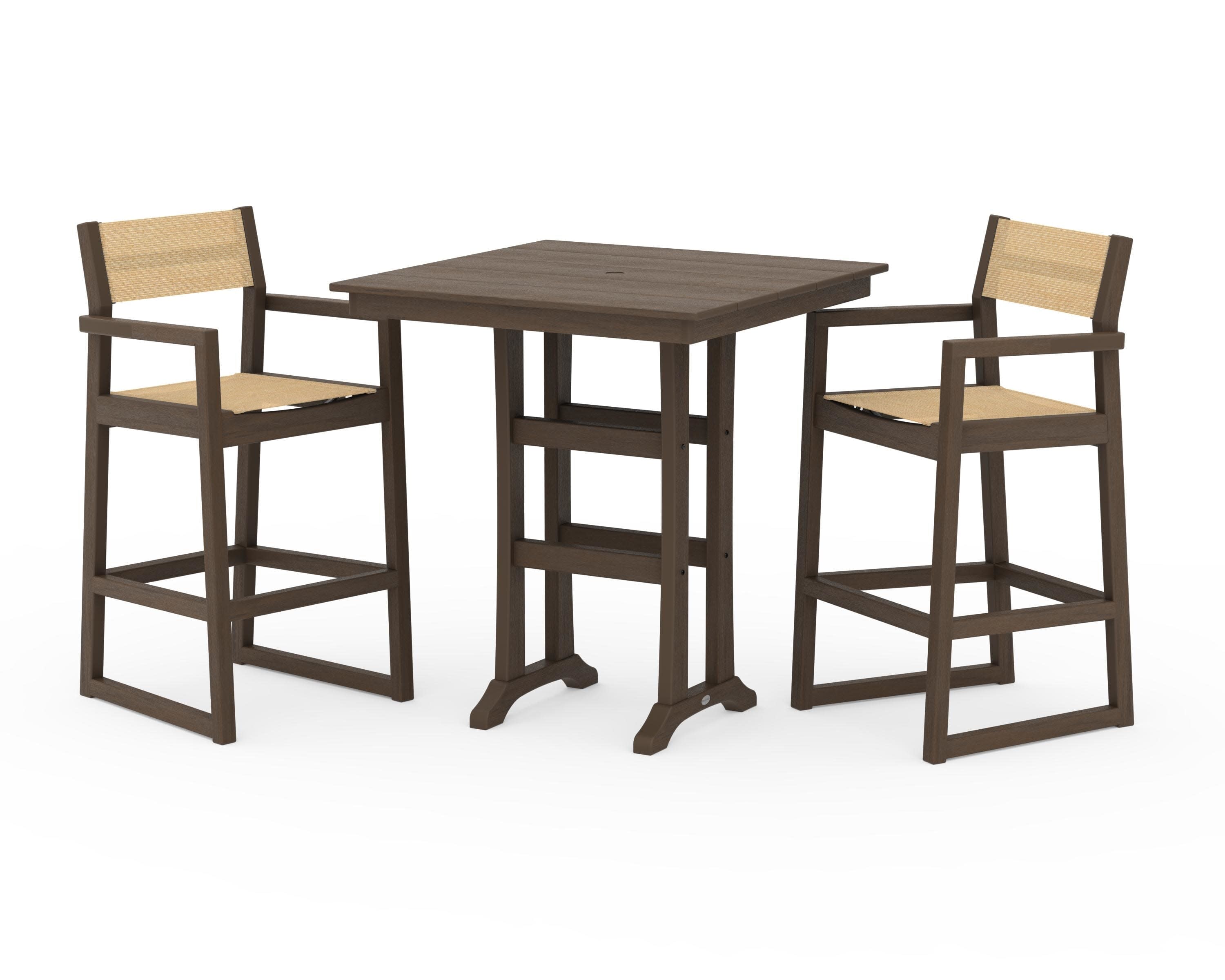 EDGE Sling Arm Chair 3-Piece Farmhouse Bar Set with Trestle Legs in Kona / Dupioni Apricot Sling