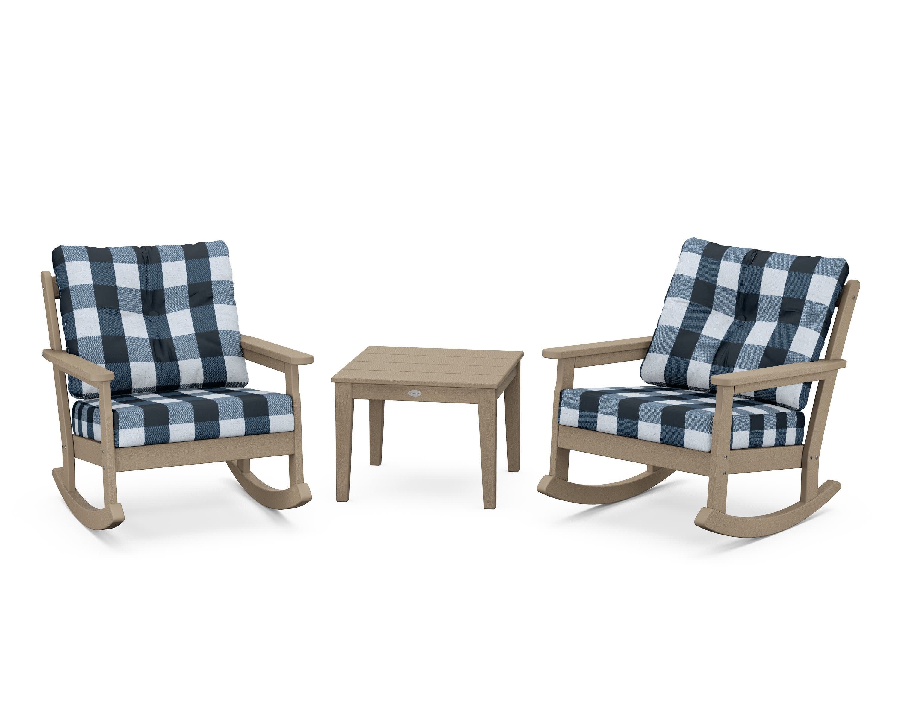 Vineyard 3-Piece Deep Seating Rocker Set in Vintage Sahara / Buffalo Plaid Marine Indigo
