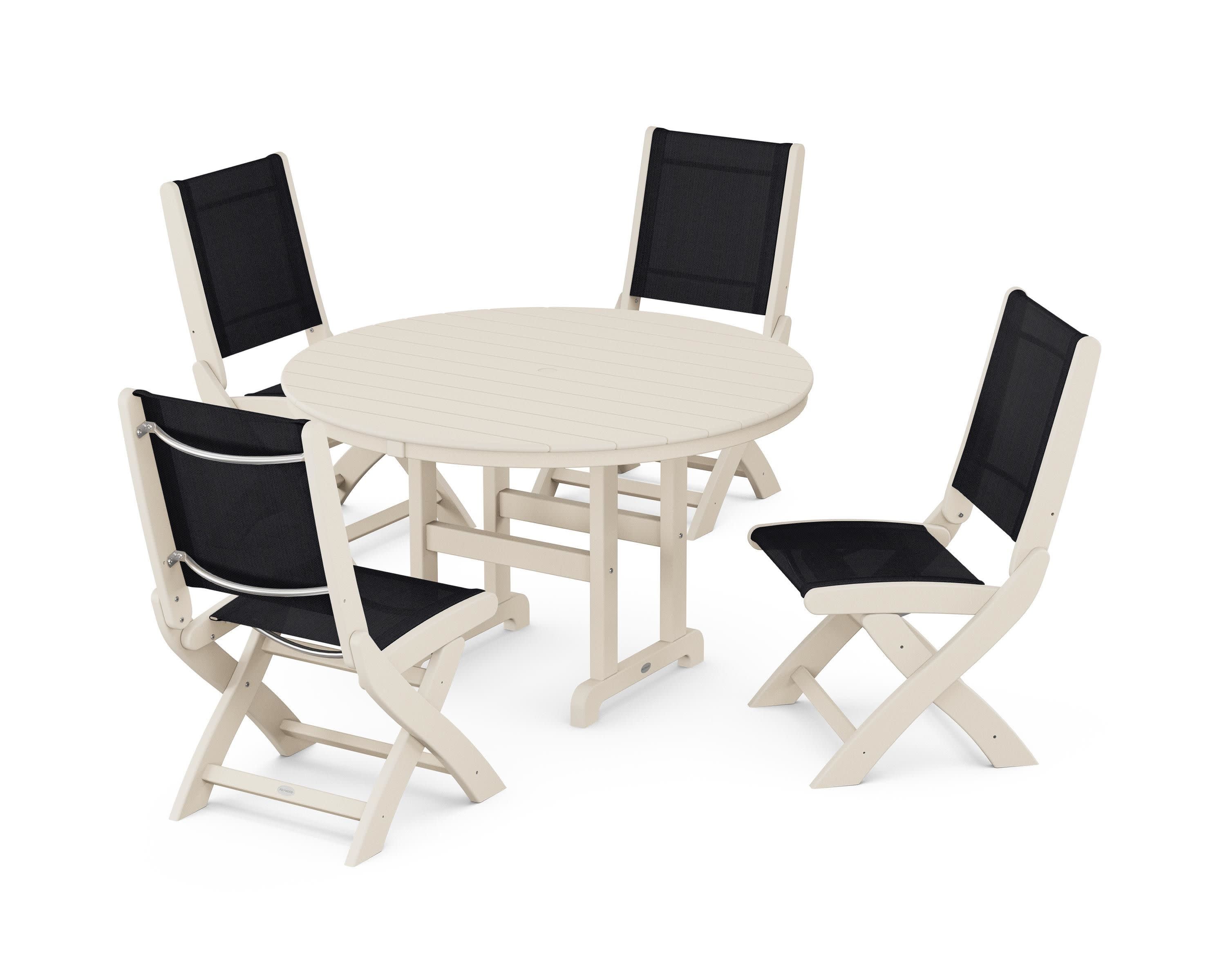 Coastal Folding Side Chair 5-Piece Round Dining Set in Sand / Black Sling