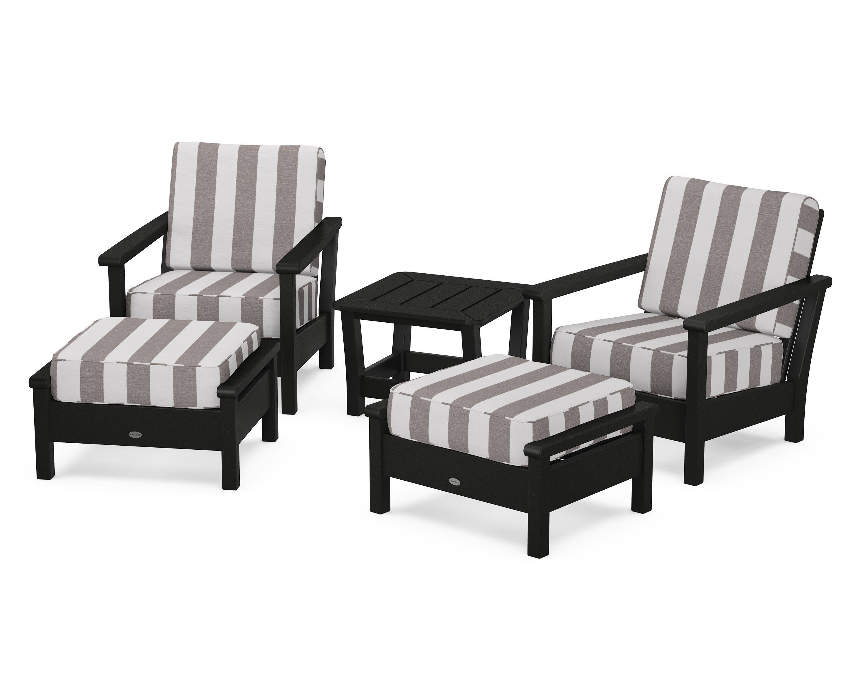 Harbour 5-Piece Deep Seating Chair Set in Black / Cabana Stripe Grey Mist