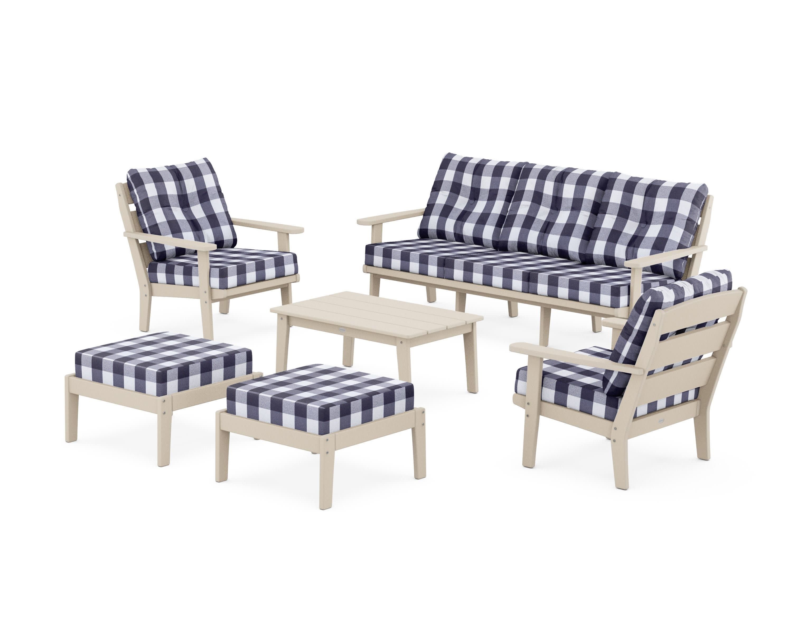 Lakeside 6-Piece Lounge Sofa Set in Sand / Buffalo Plaid Navy